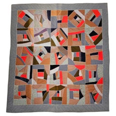 Early 20th Century African American Crazy Quilt in Red, Brown, Gray, Navy, Green