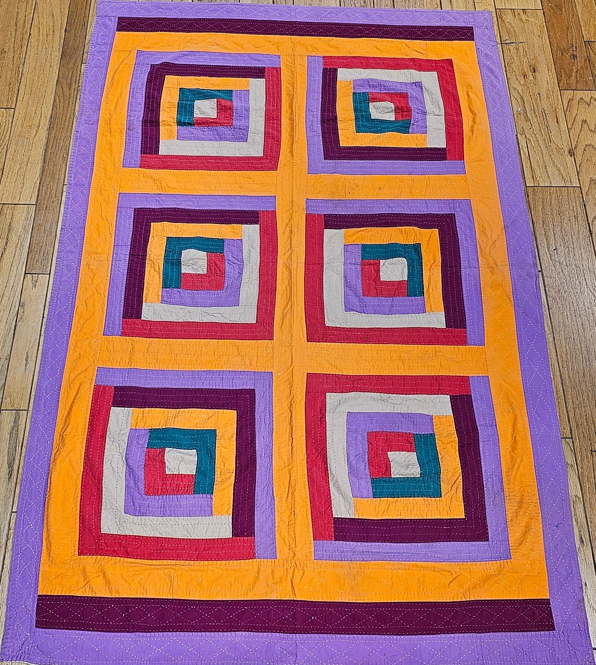 African American Southern hand stitched quilt from the mid 20th century.  This wonderful geometric pattern quilt is very similar in design to the 19th and early 20th century quilts made by African Americans in Gee's Bend, Alabama in the Southern