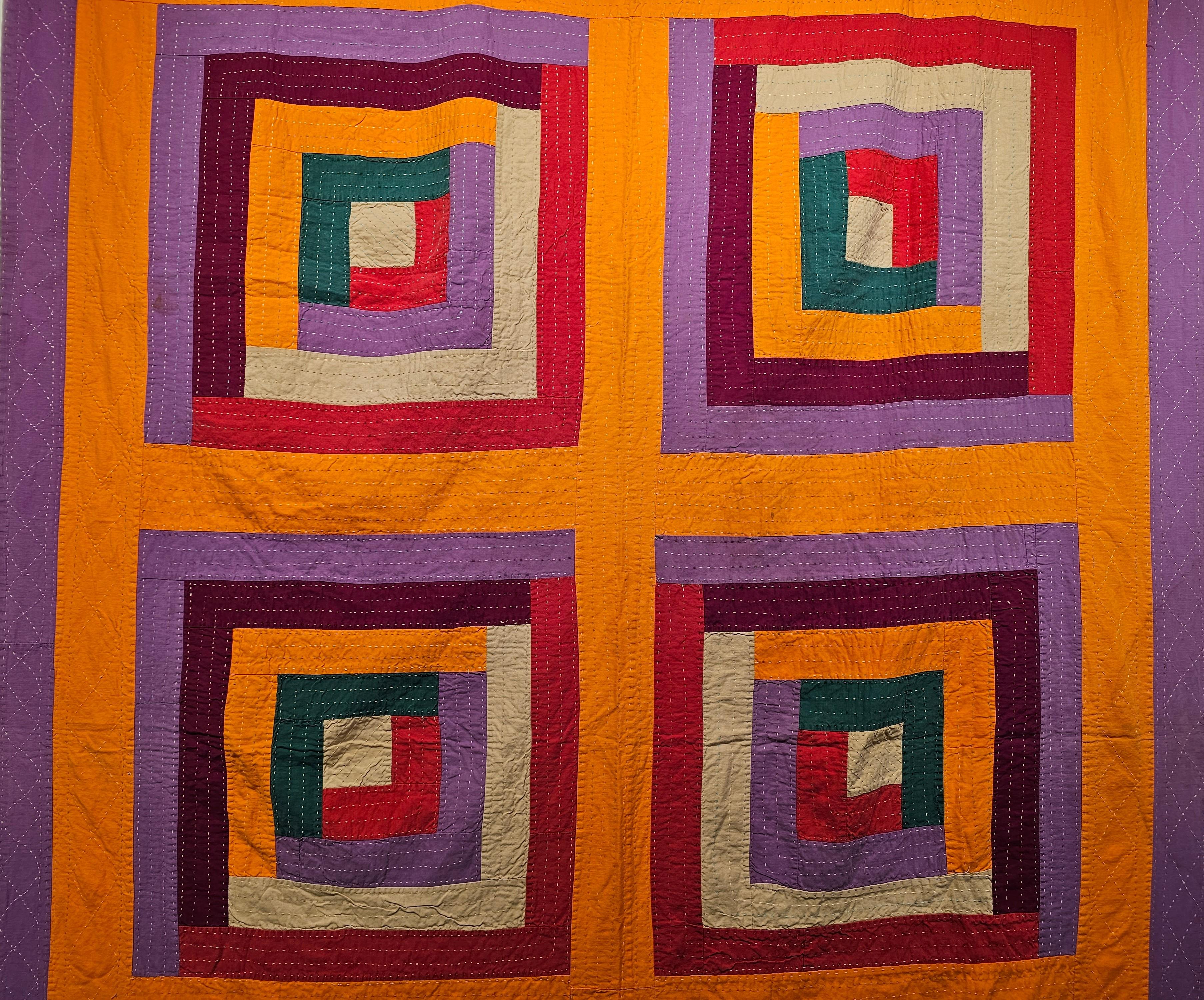 Cotton Mid 20th Century African American Southern Quilt in Red, Purple, Green, Orange For Sale
