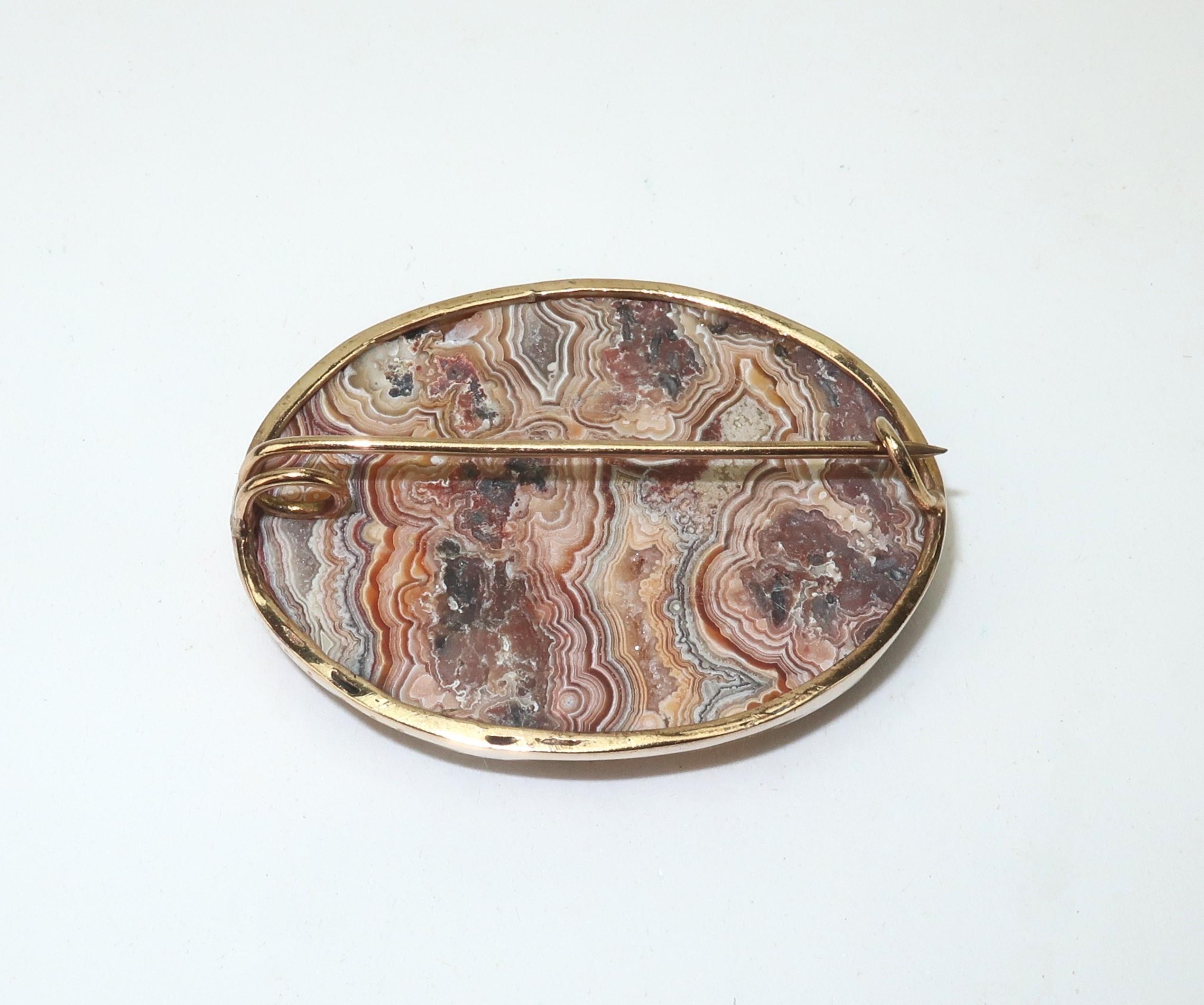 Early 20th Century Agate & 14K Gold Brooch For Sale 2