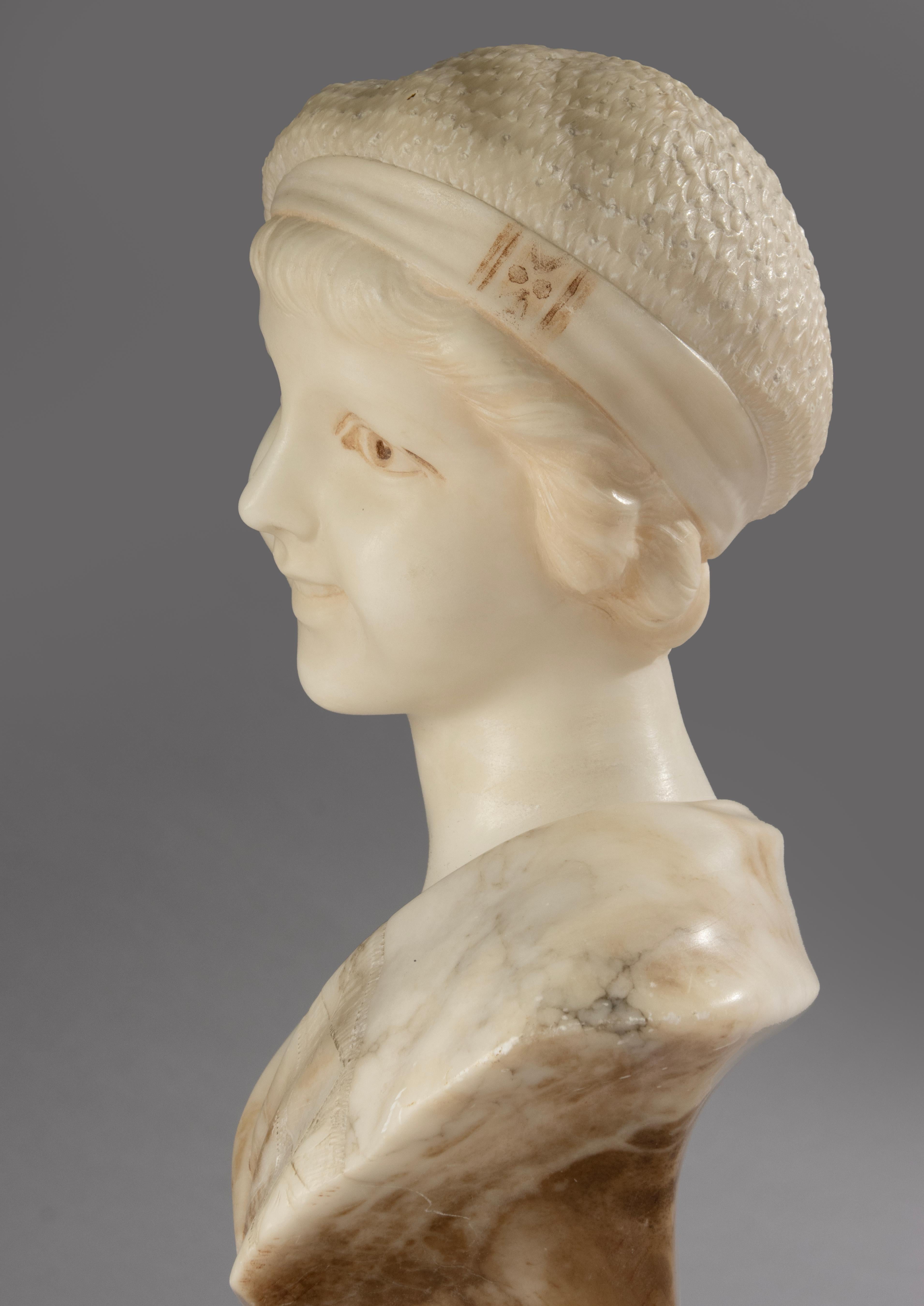 Early 20th Century Alabaster Bust - Young Woman - Art Deco - Signed A. Trefoloni For Sale 8