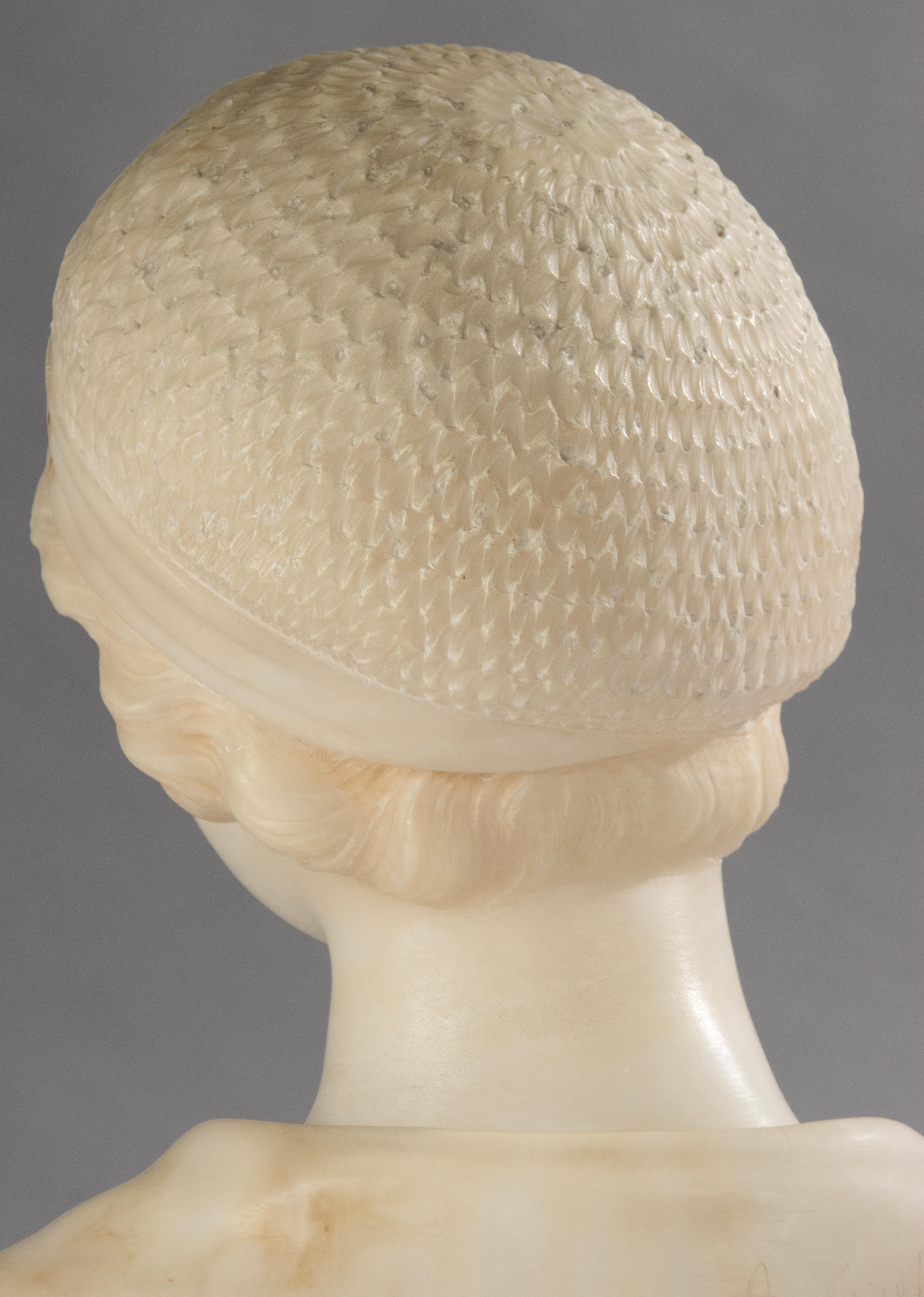 Early 20th Century Alabaster Bust - Young Woman - Art Deco - Signed A. Trefoloni For Sale 9