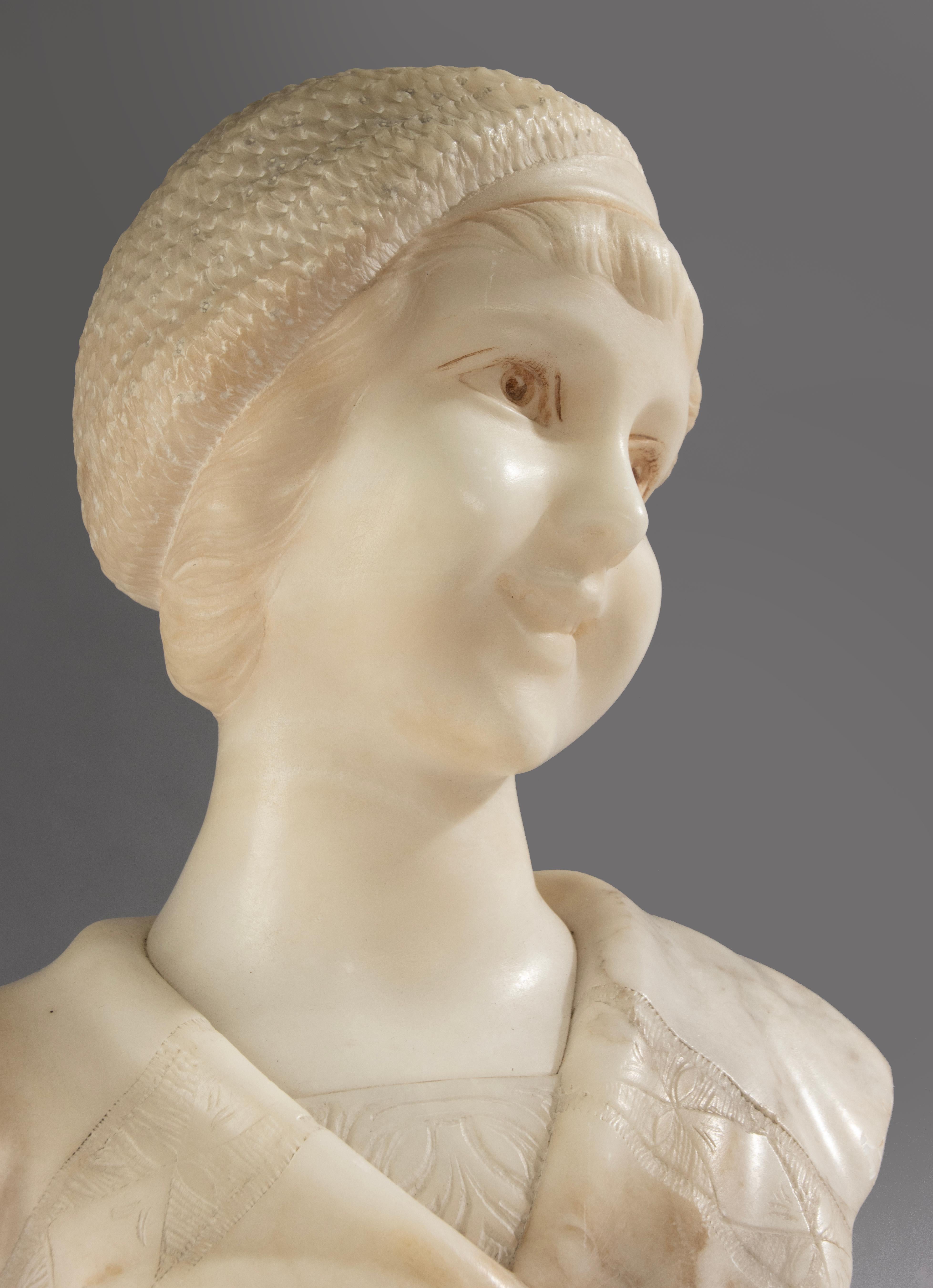 Early 20th Century Alabaster Bust - Young Woman - Art Deco - Signed A. Trefoloni For Sale 11