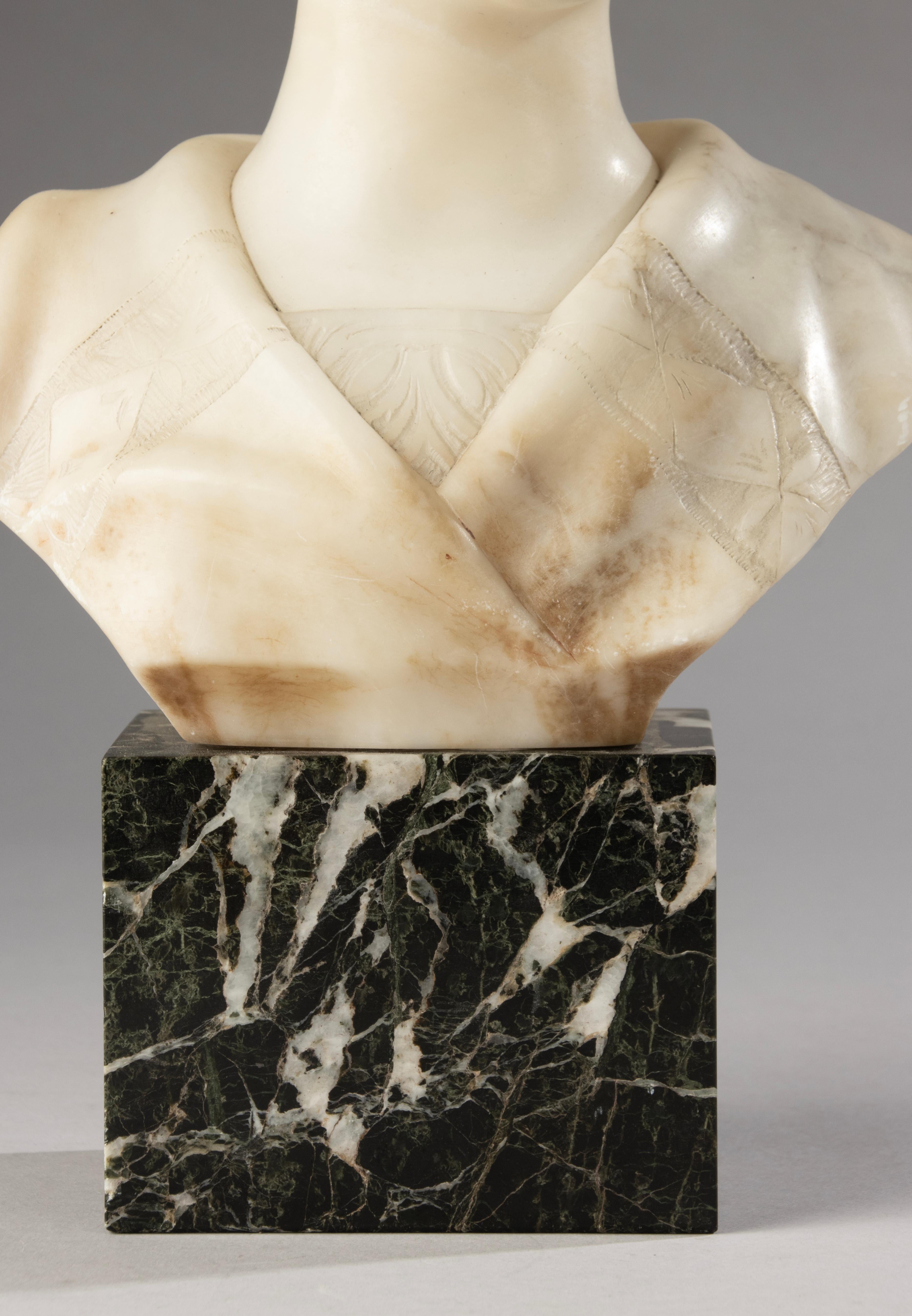 Hand-Carved Early 20th Century Alabaster Bust - Young Woman - Art Deco - Signed A. Trefoloni For Sale