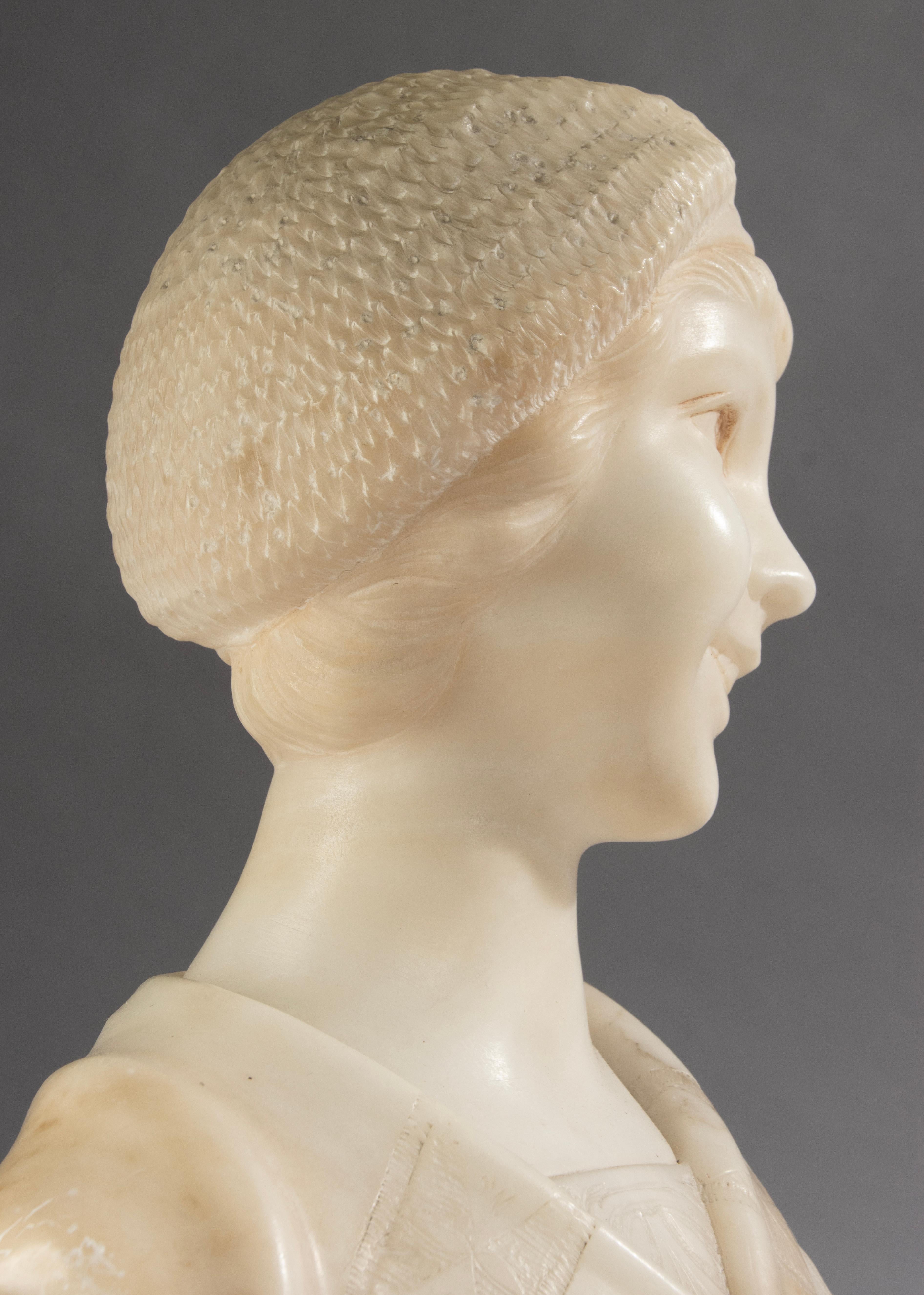 Early 20th Century Alabaster Bust - Young Woman - Art Deco - Signed A. Trefoloni In Good Condition For Sale In Casteren, Noord-Brabant