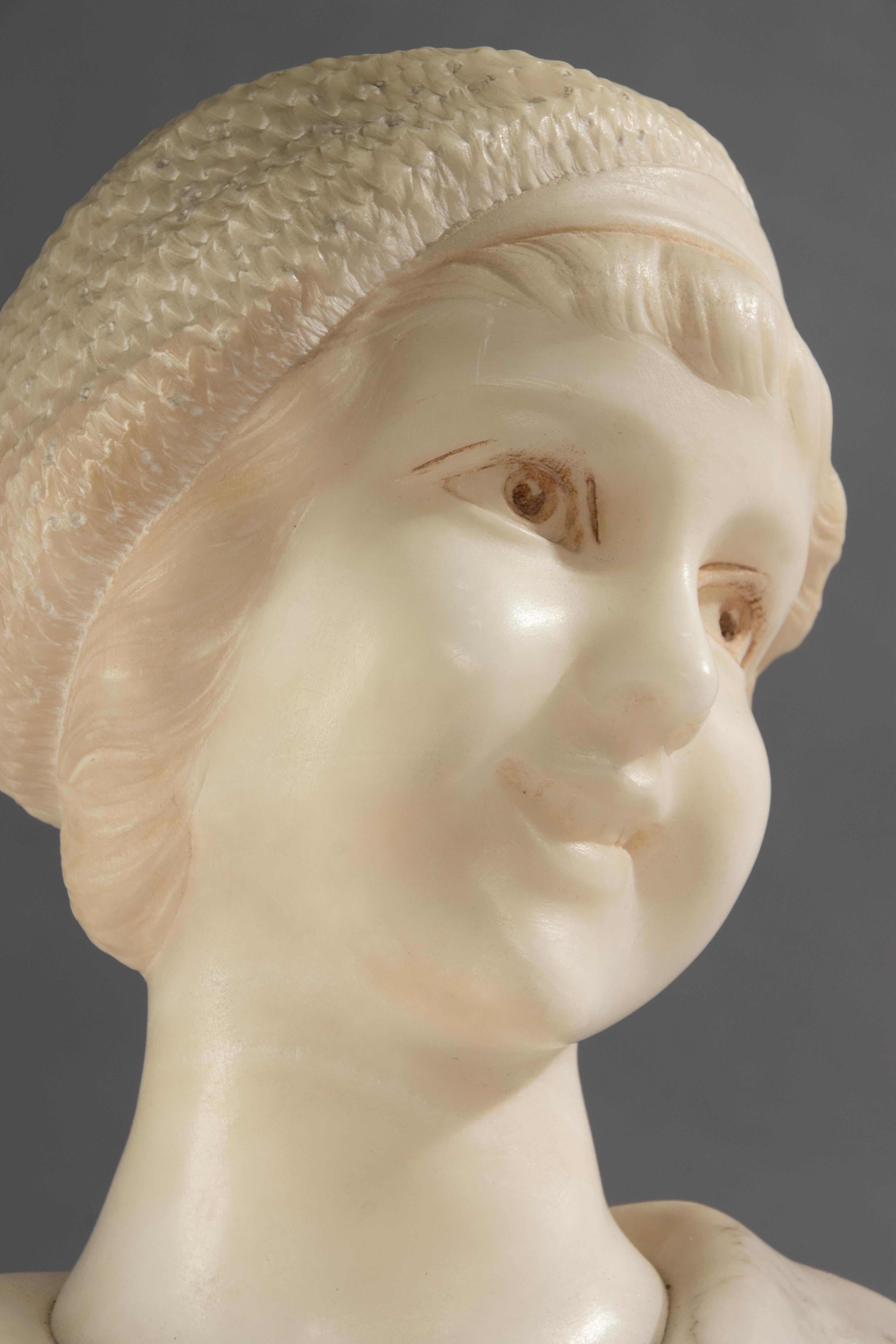 Early 20th Century Alabaster Bust - Young Woman - Art Deco - Signed A. Trefoloni For Sale 4