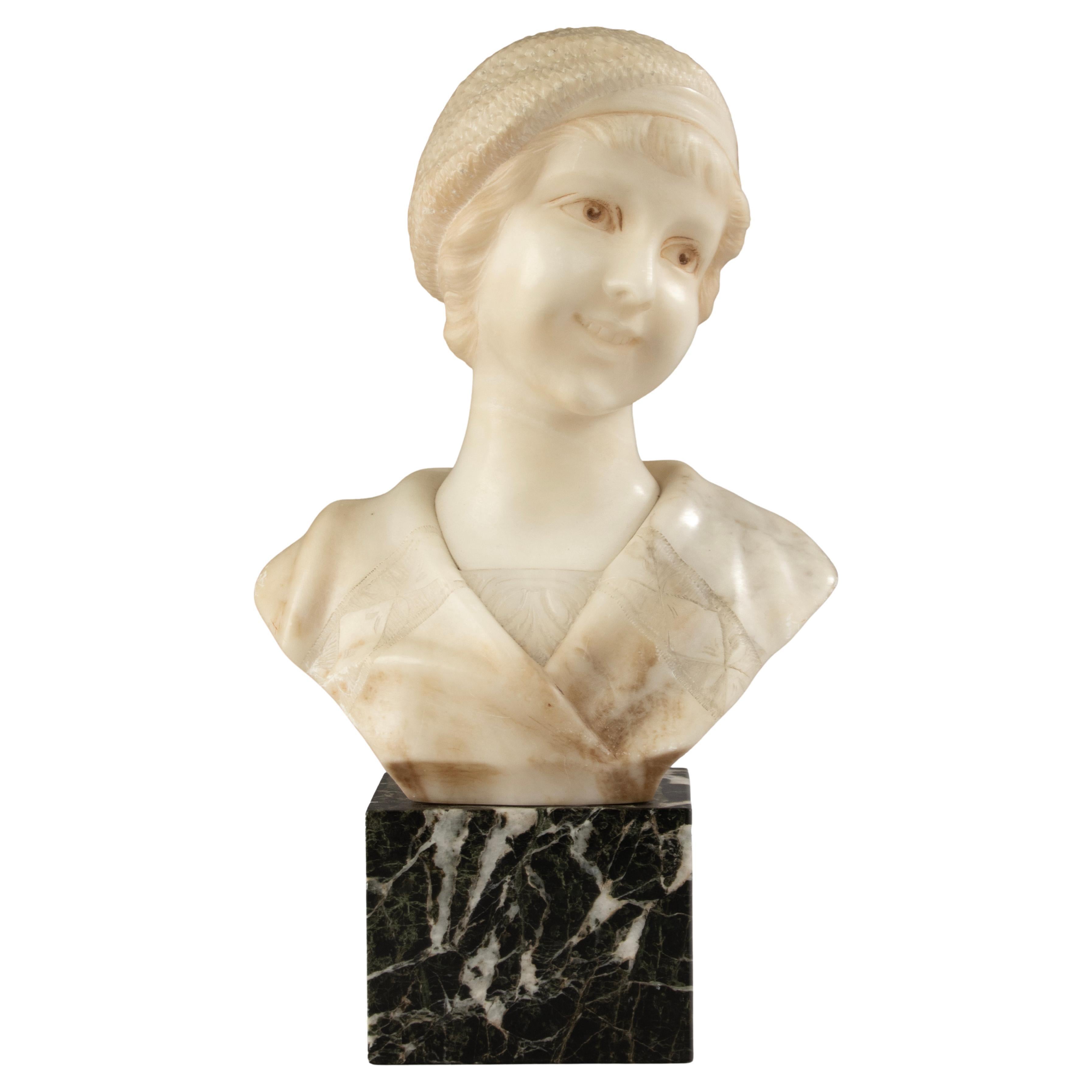 Early 20th Century Alabaster Bust - Young Woman - Art Deco - Signed A. Trefoloni