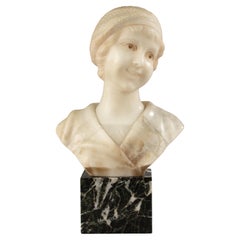 Early 20th Century Alabaster Bust - Young Woman - Art Deco - Signed A. Trefoloni