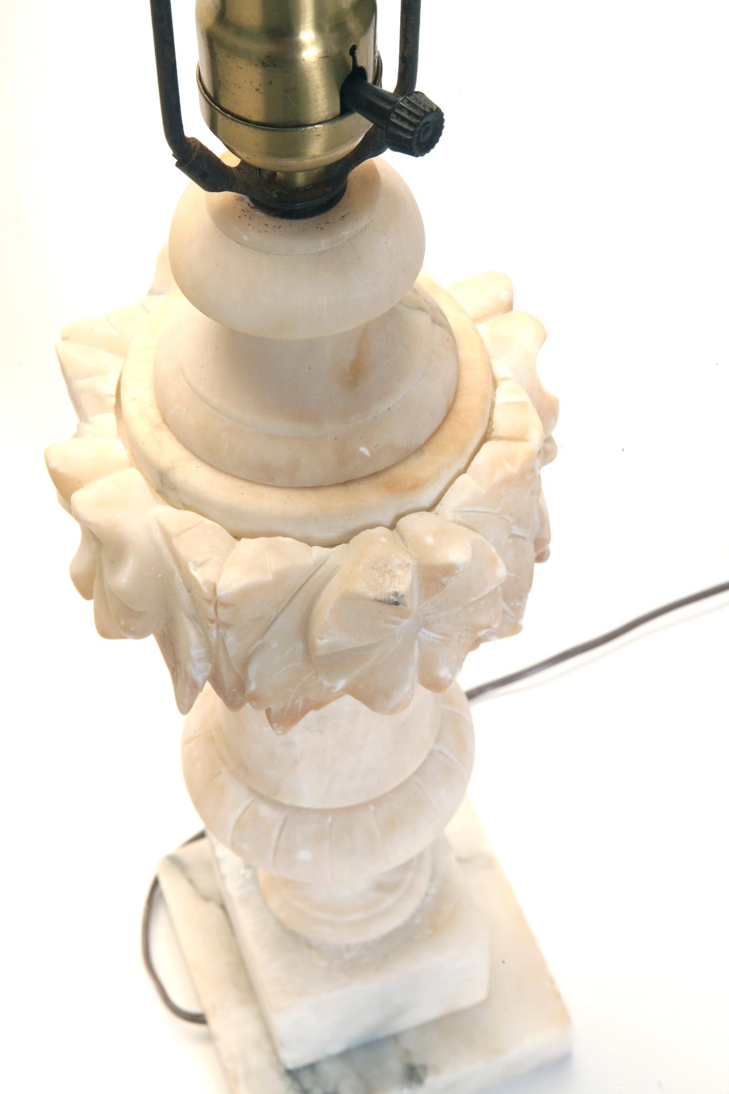 Hand-Carved Early 20th Century Alabaster Lamp with Linen Shade