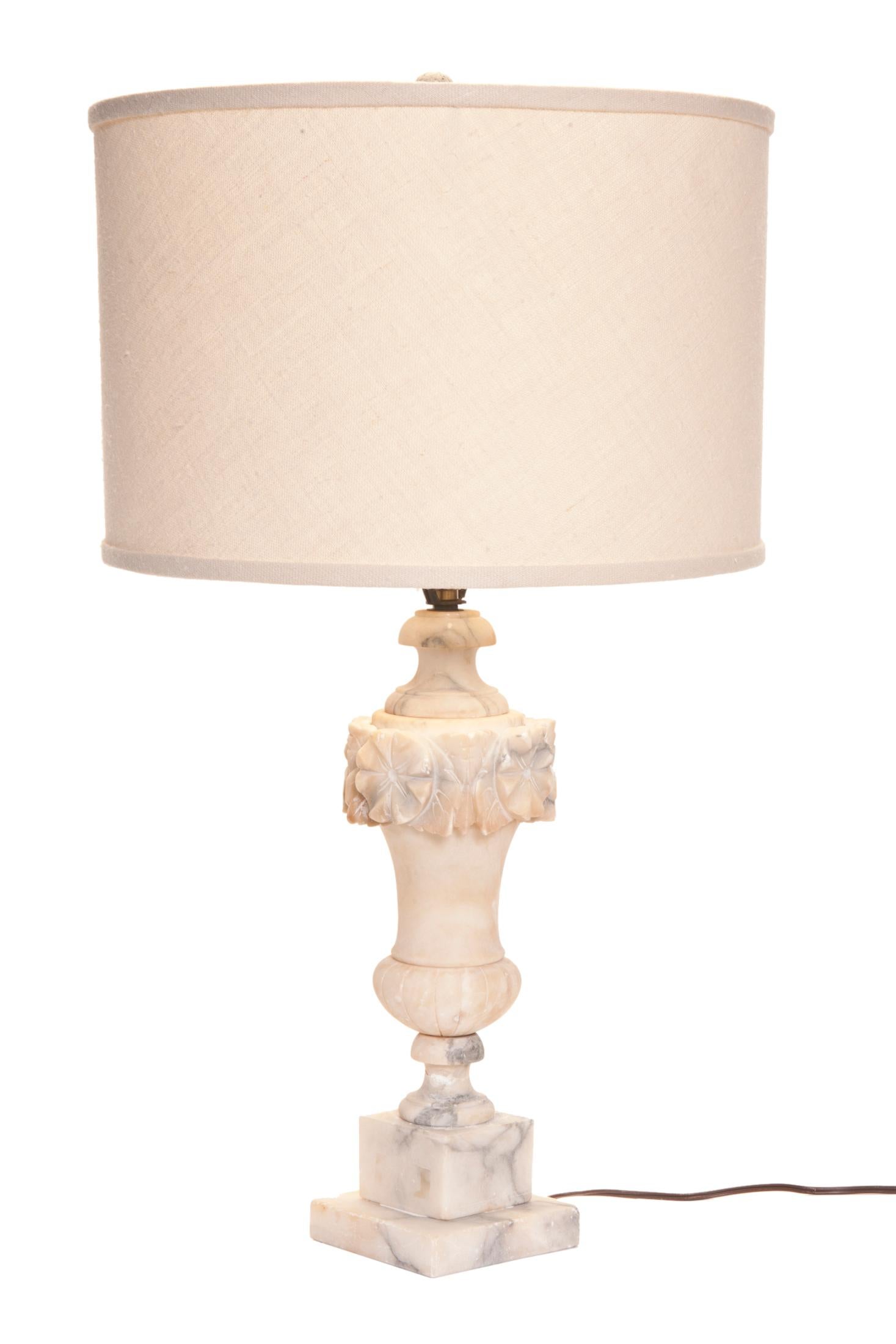 Brass Early 20th Century Alabaster Lamp with Linen Shade