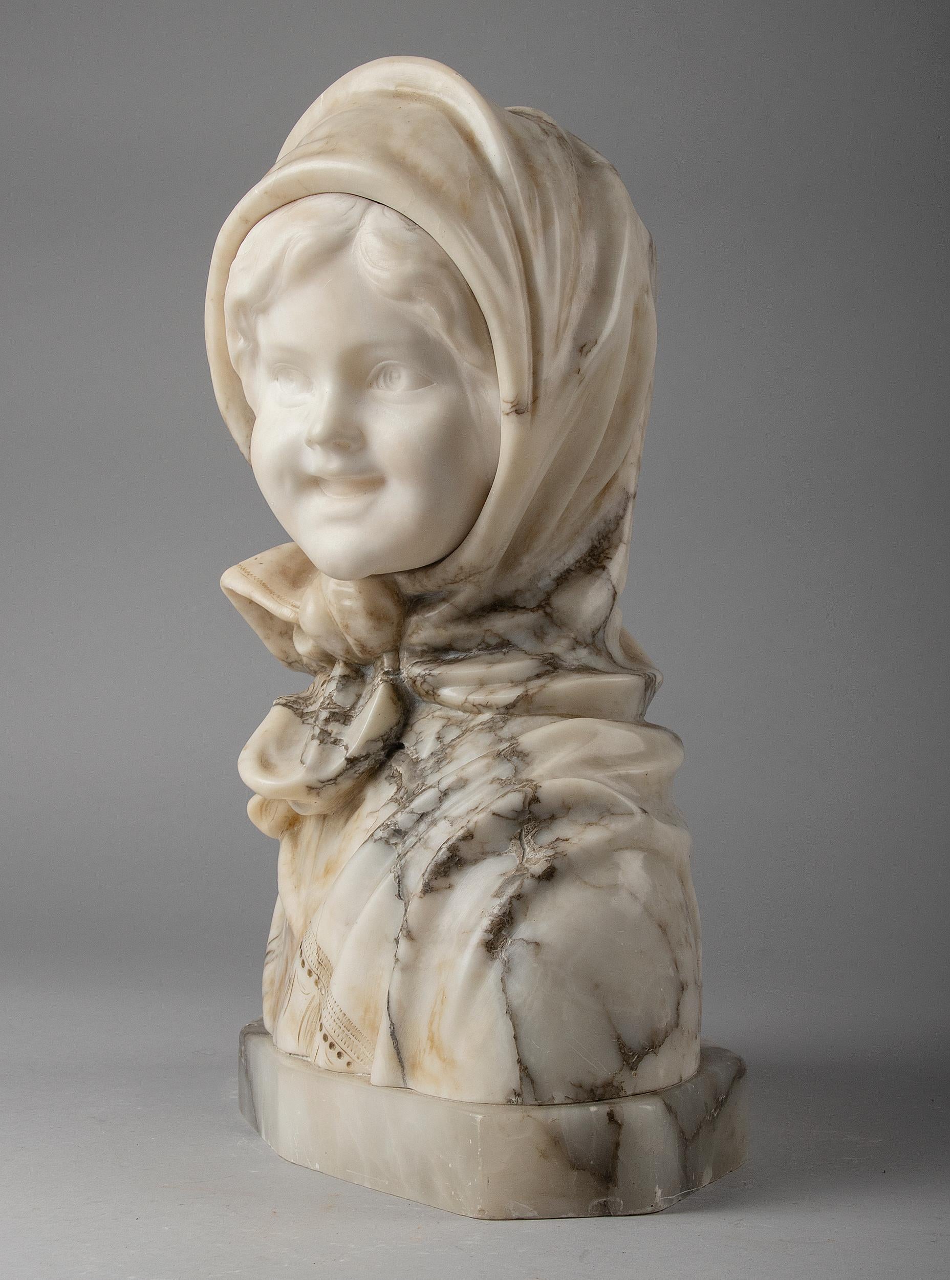 Early 20th Century Alabaster Marble Bust Young Girl, M. Poteillo For Sale 5