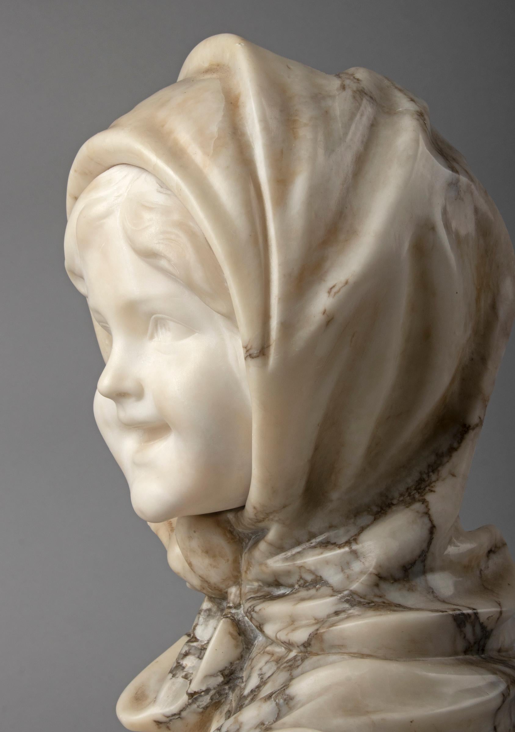 Early 20th Century Alabaster Marble Bust Young Girl, M. Poteillo For Sale 12