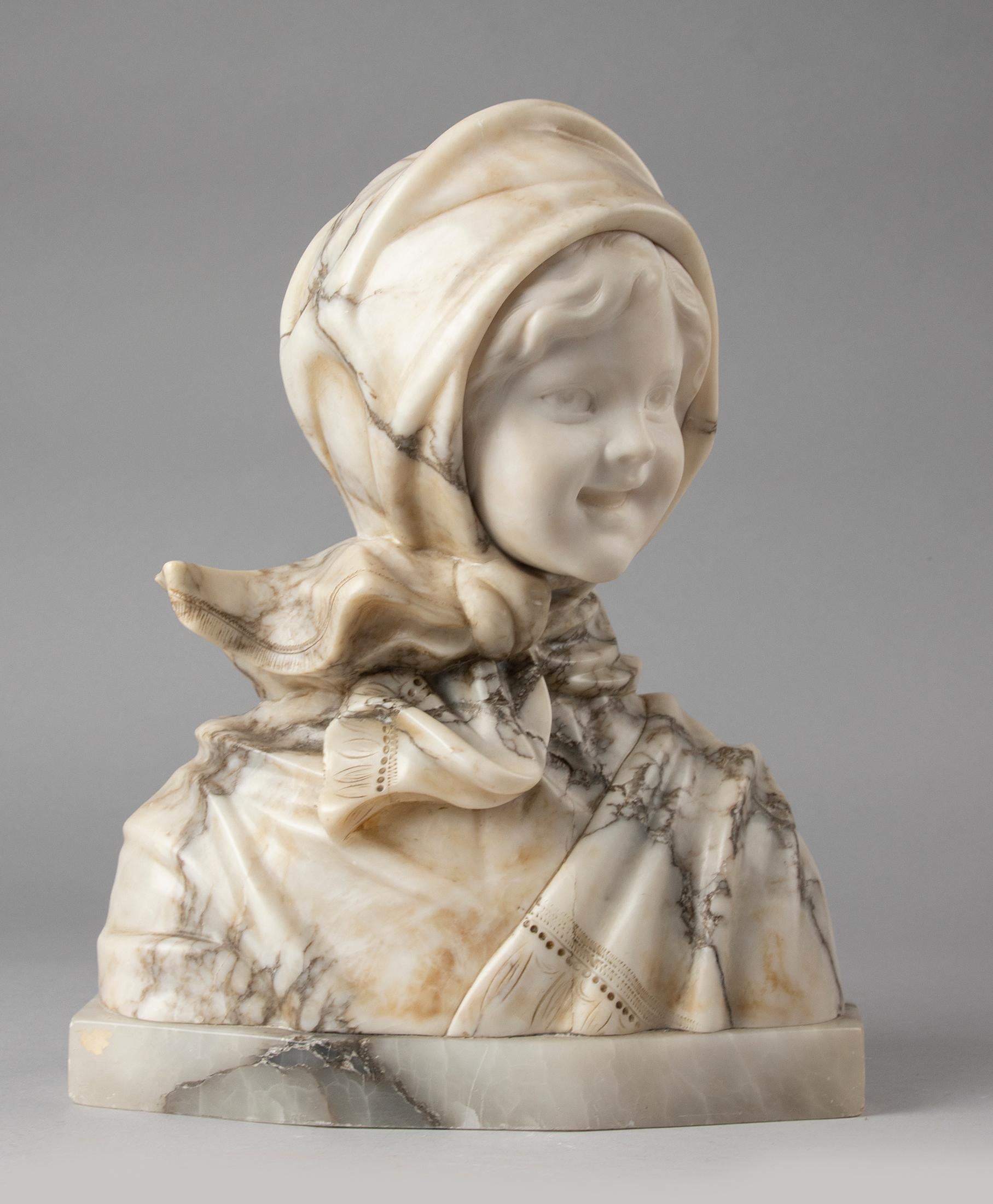 A fine and elegant French alabaster bust of a young woman. The bust is signed on the back M. POTEILLO. The woman wears a headscarf that is gracefully sculpted. The wind is blowing through the ends of the scarf. Her face is made of alabaster marble.