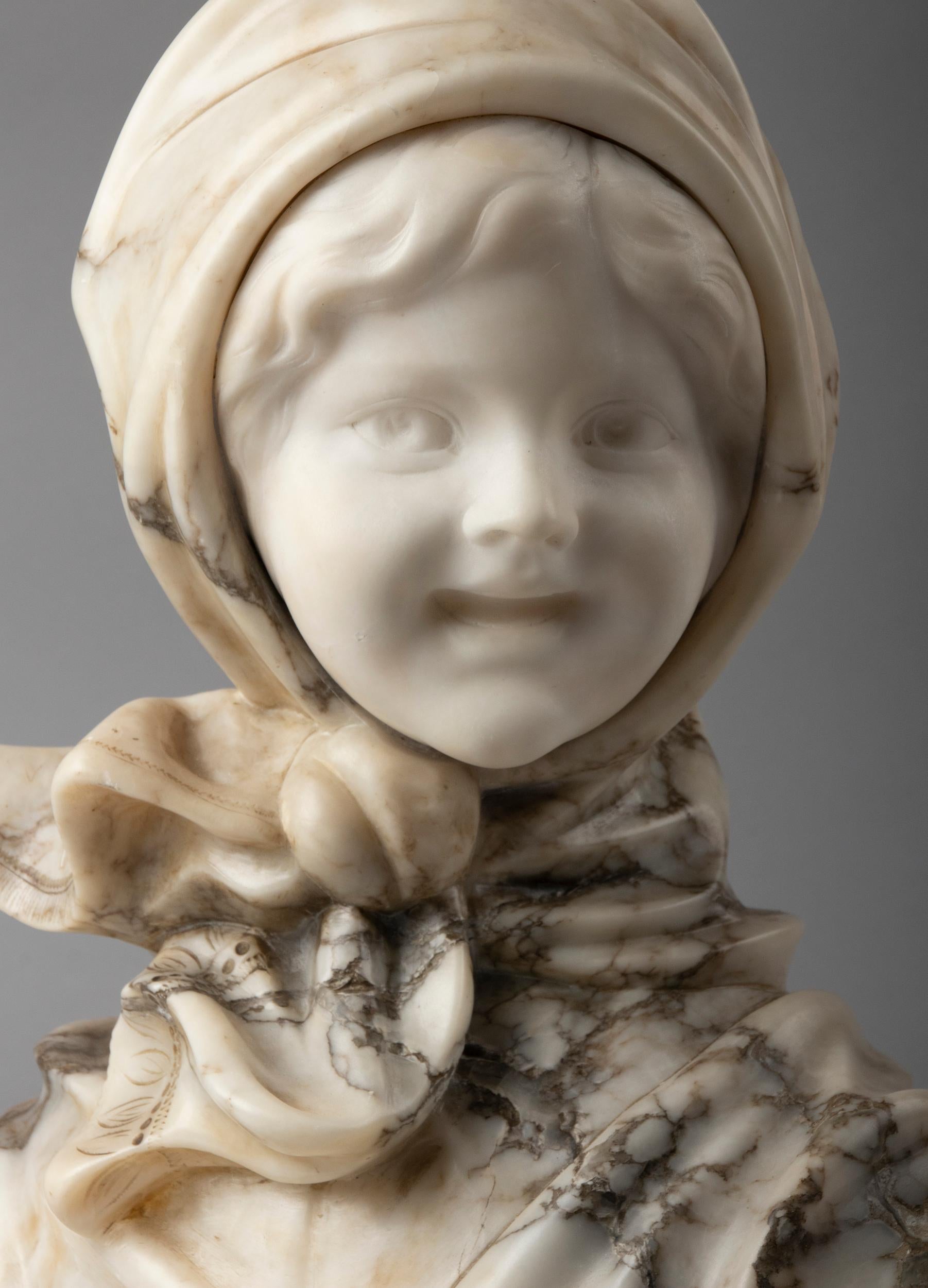 Belle Époque Early 20th Century Alabaster Marble Bust Young Girl, M. Poteillo For Sale