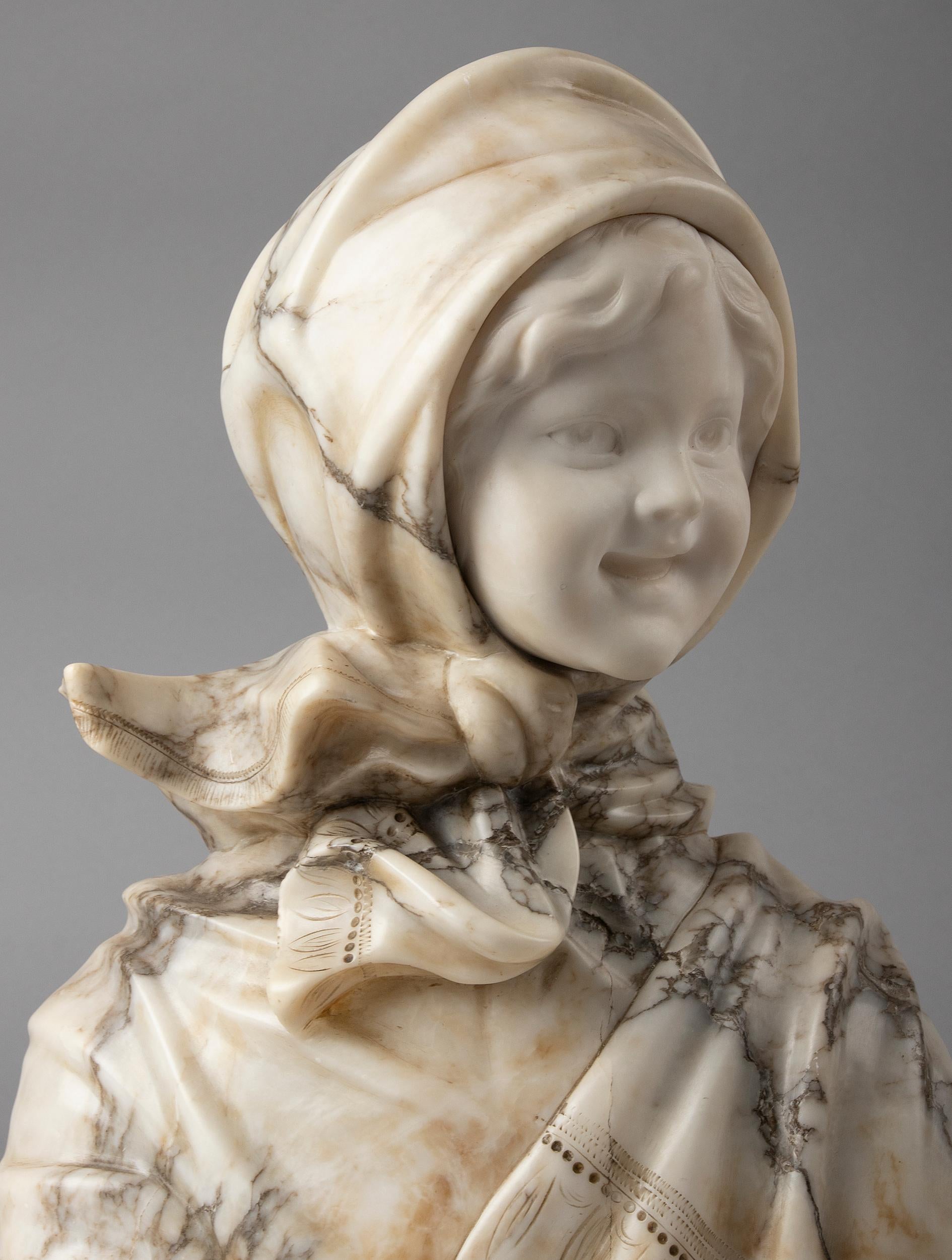 French Early 20th Century Alabaster Marble Bust Young Girl, M. Poteillo For Sale