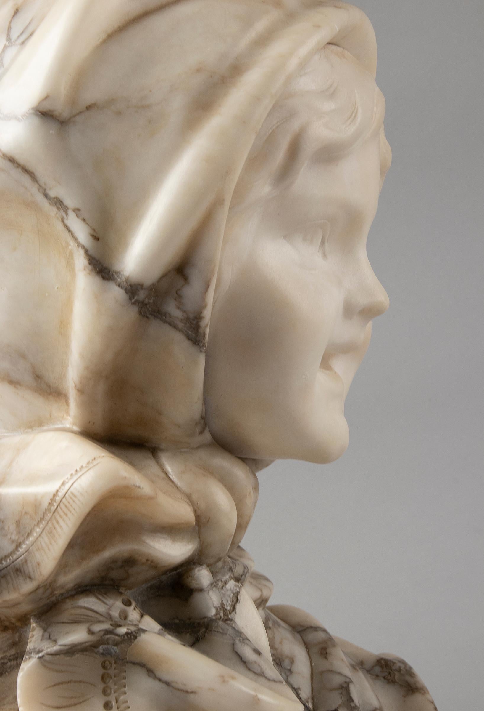 Early 20th Century Alabaster Marble Bust Young Girl, M. Poteillo For Sale 1