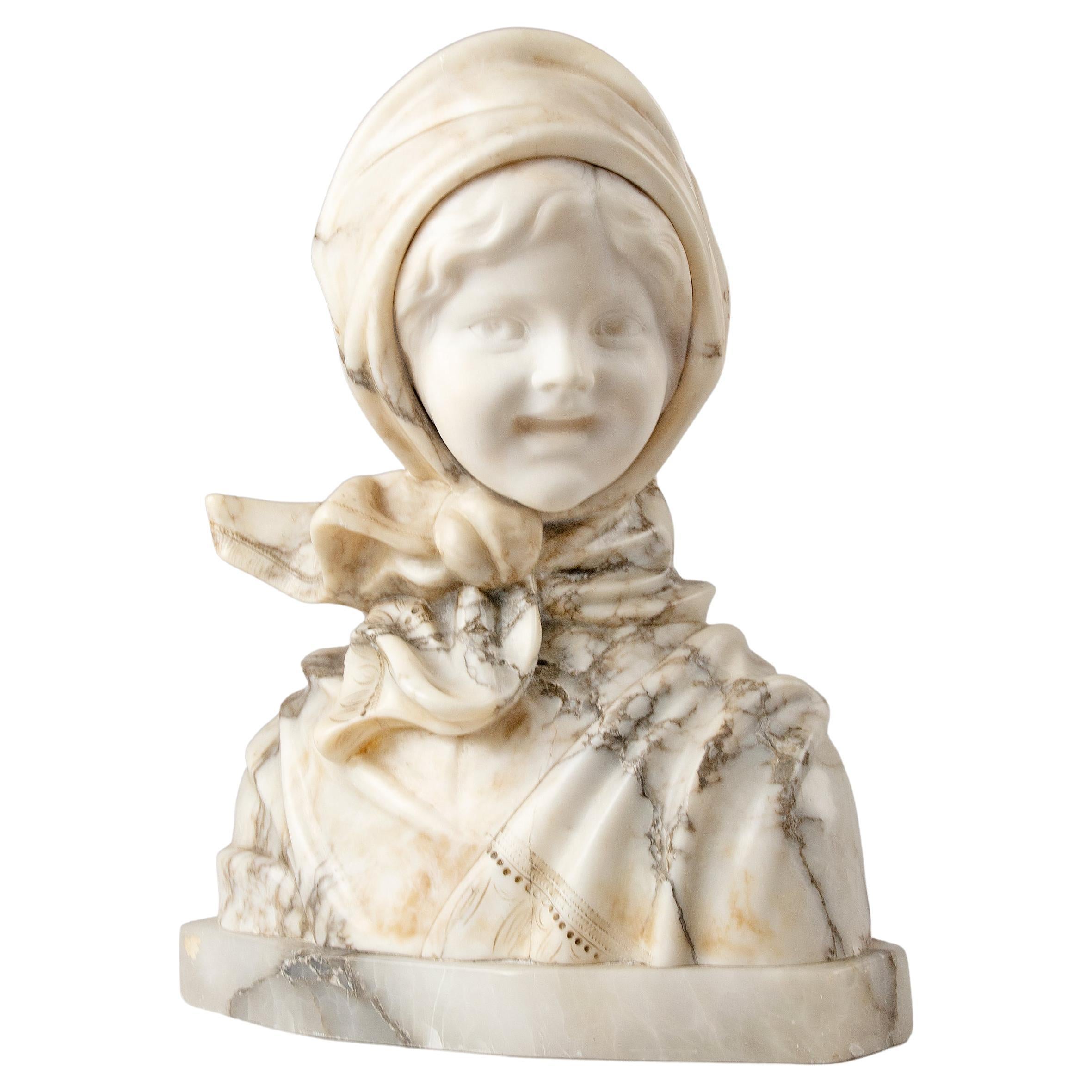 Early 20th Century Alabaster Marble Bust Young Girl, M. Poteillo For Sale