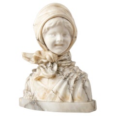 Early 20th Century Alabaster Marble Bust Young Girl, M. Poteillo