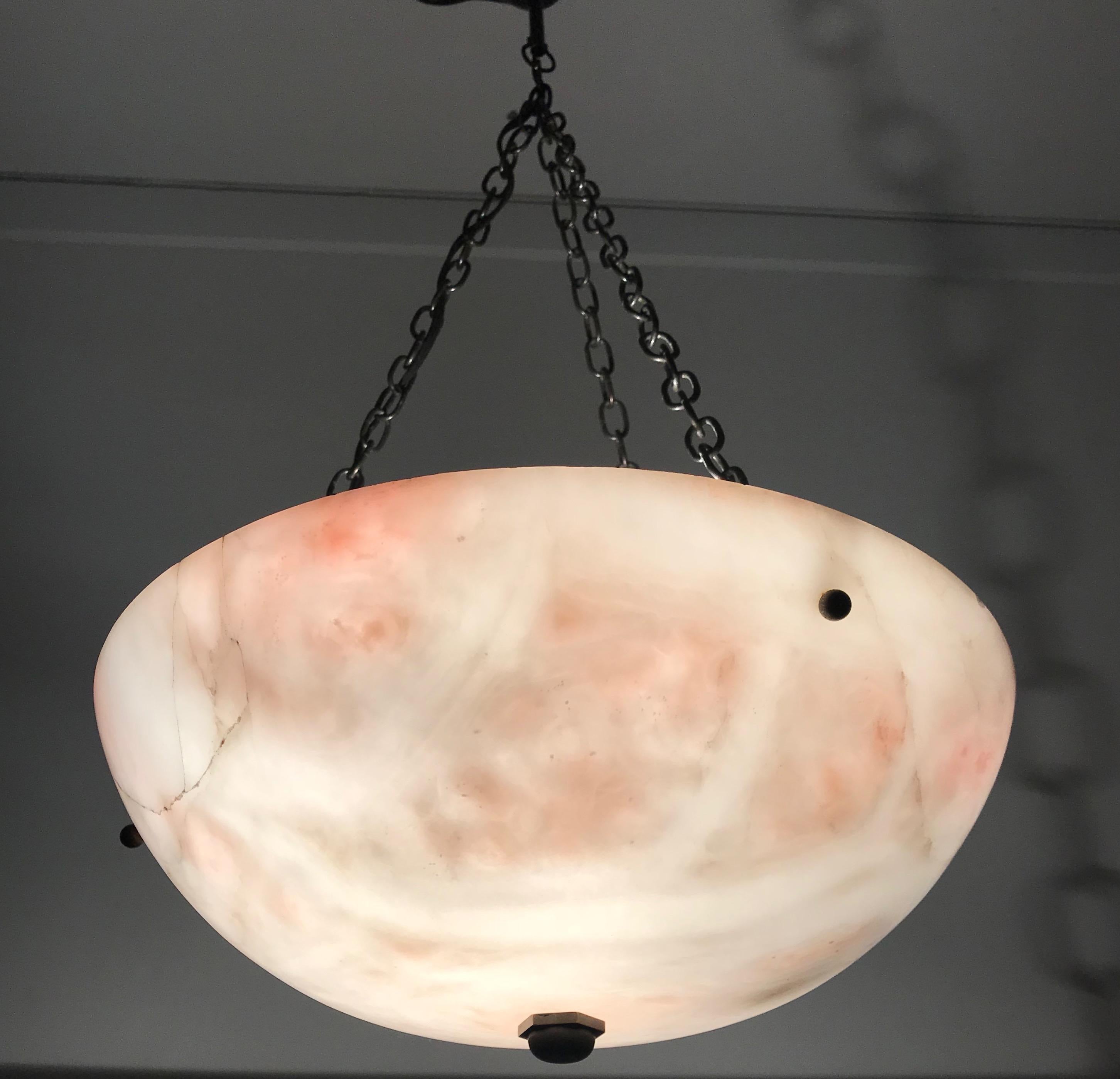 Metal Early 20th Century Alabaster ' White & Pink Moonlight ' Pendant or Ceiling Lamp