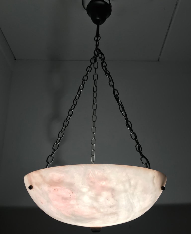 European Early 20th Century Alabaster ' White & Pink Moonlight ' Pendant or Ceiling Lamp For Sale
