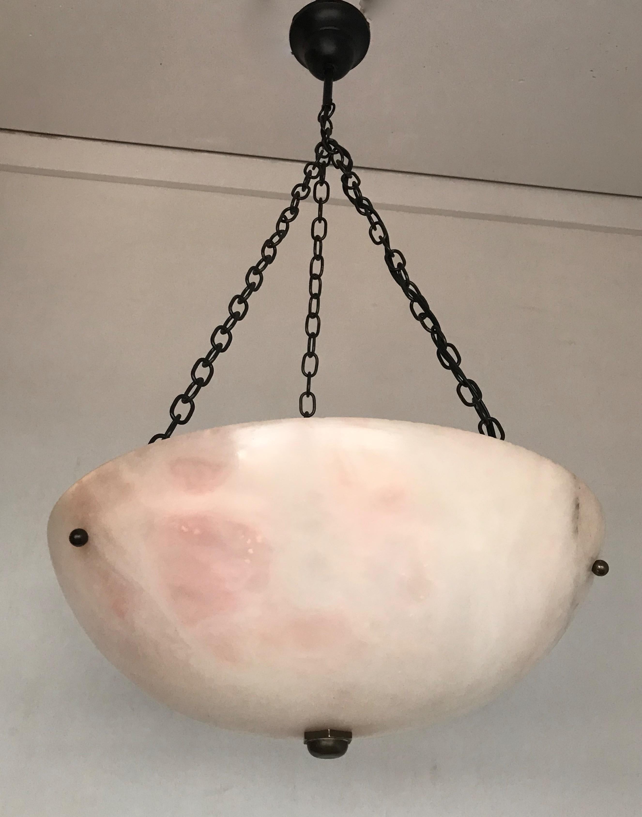 Art Deco Early 20th Century Alabaster ' White & Pink Moonlight ' Pendant or Ceiling Lamp