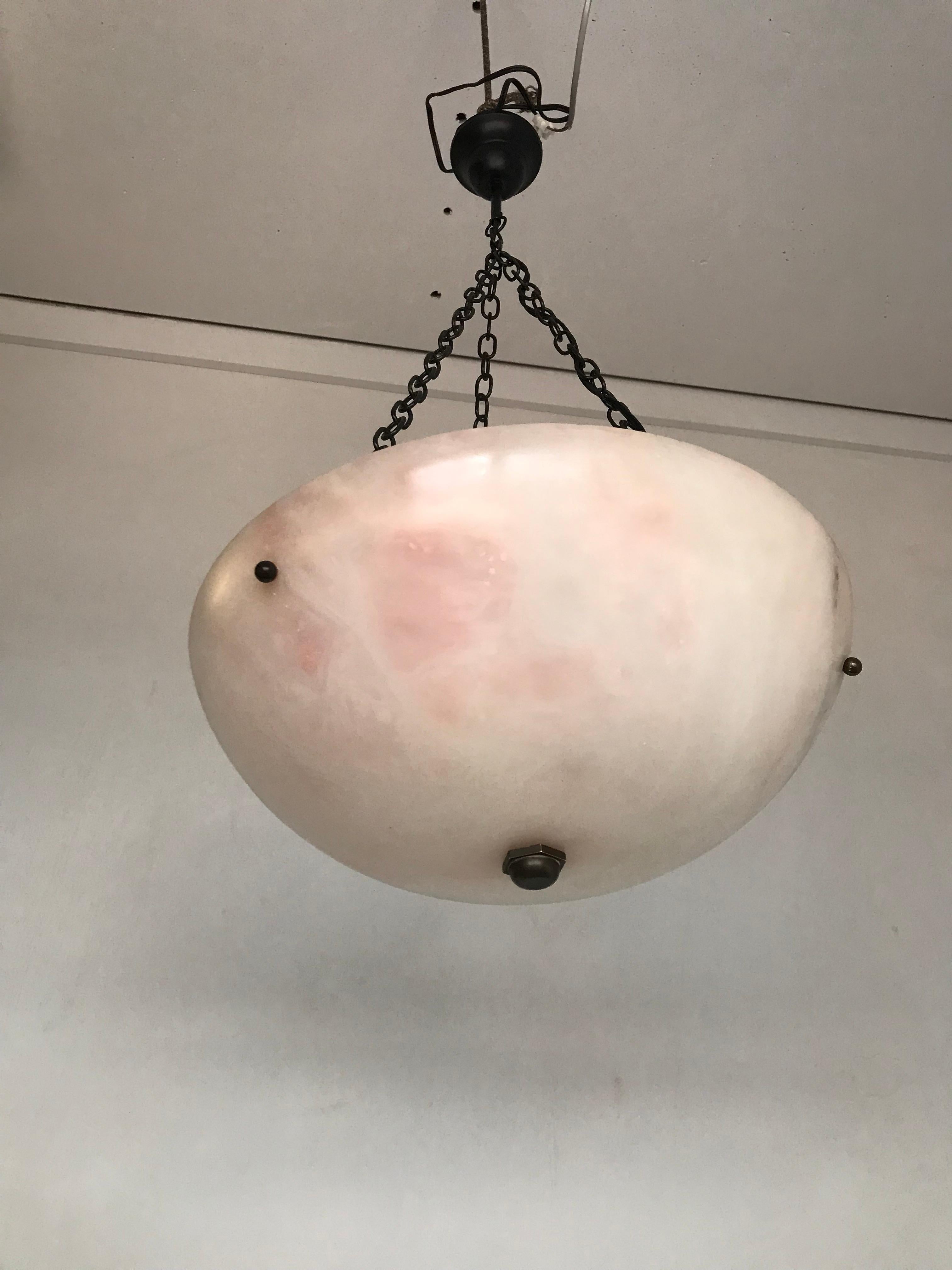 European Early 20th Century Alabaster ' White & Pink Moonlight ' Pendant or Ceiling Lamp