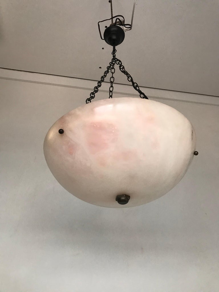 Metal Early 20th Century Alabaster ' White & Pink Moonlight ' Pendant or Ceiling Lamp For Sale