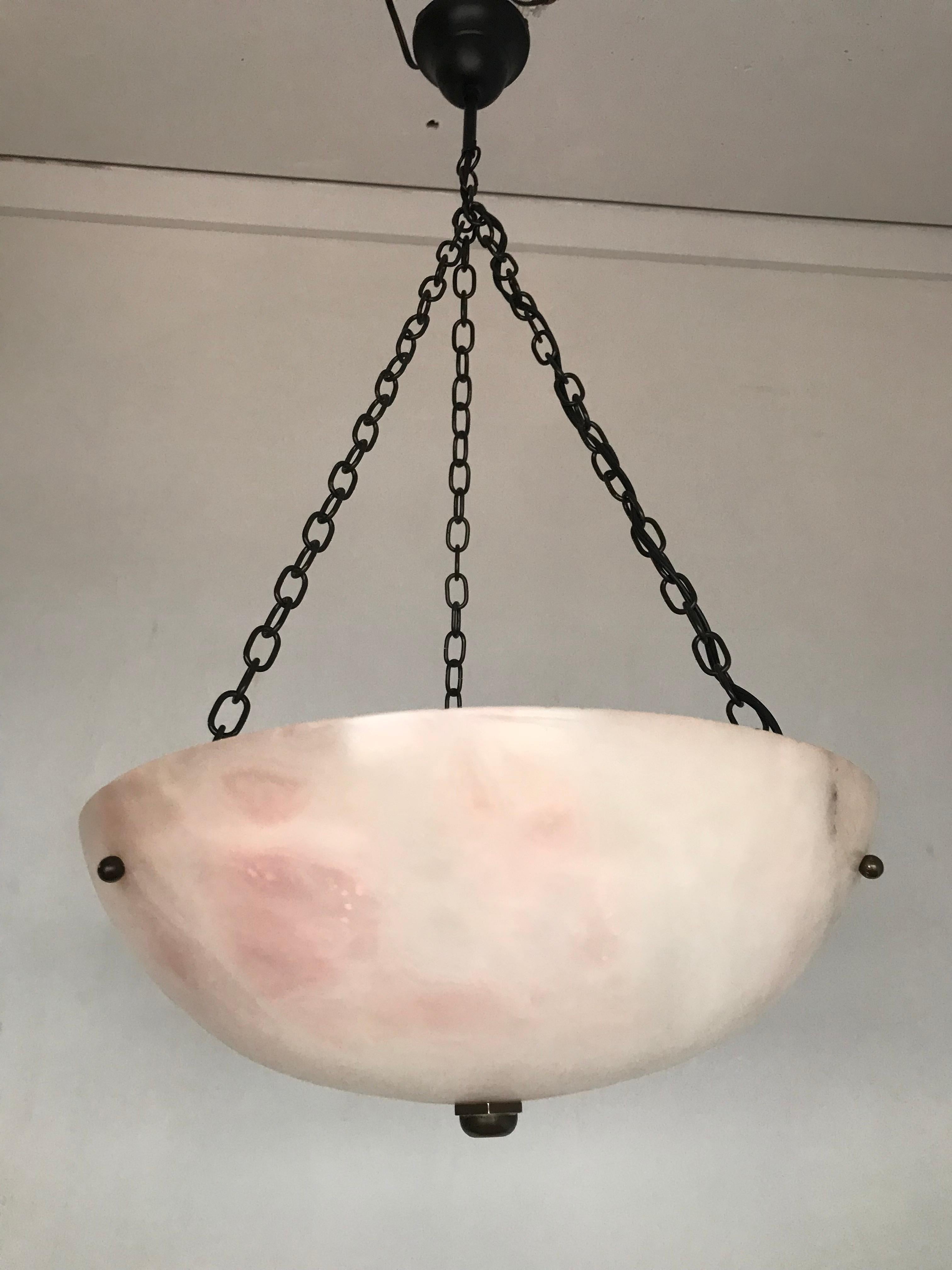 Hand-Crafted Early 20th Century Alabaster ' White & Pink Moonlight ' Pendant or Ceiling Lamp