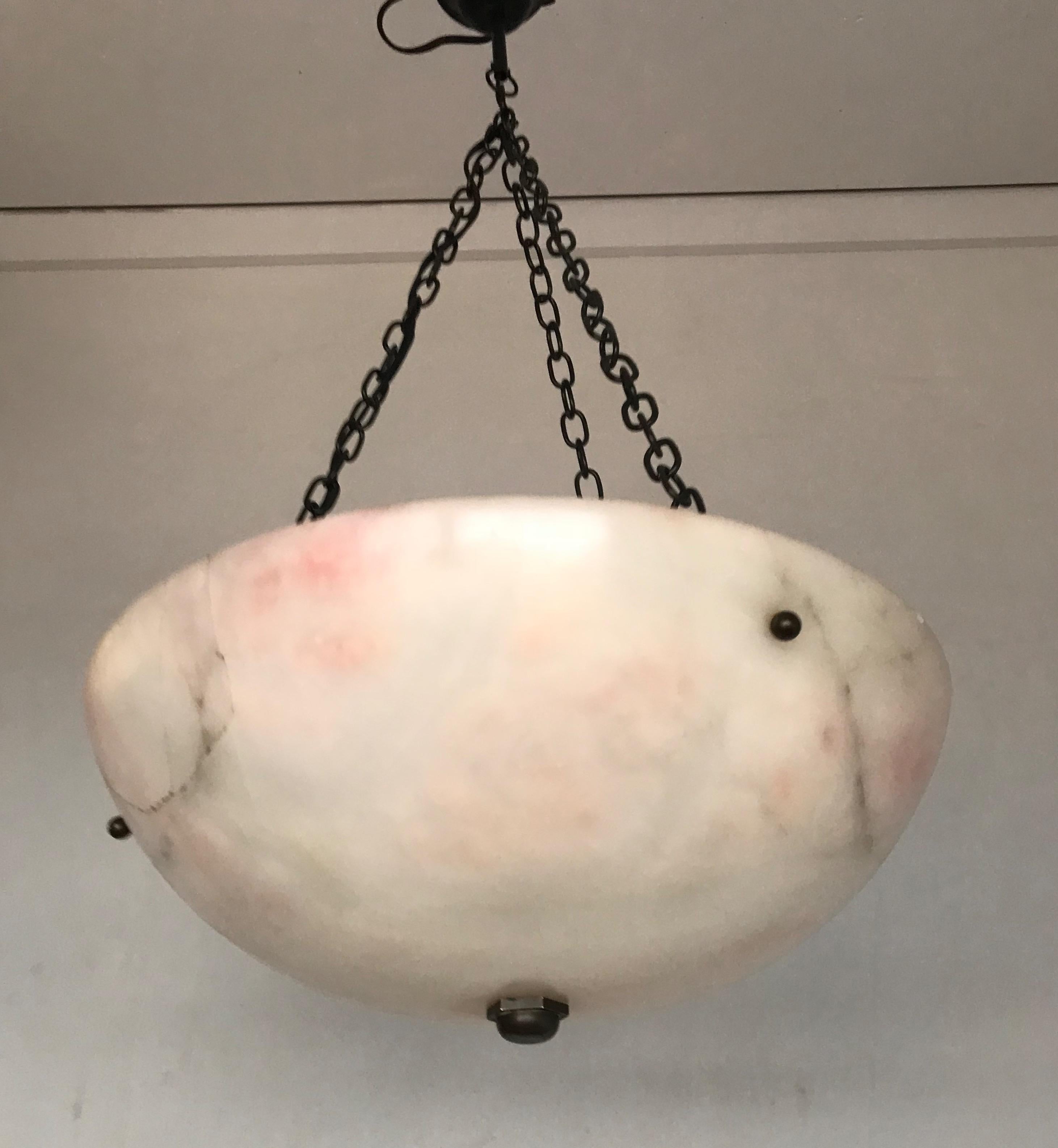 Early 20th Century Alabaster ' White & Pink Moonlight ' Pendant or Ceiling Lamp In Good Condition In Lisse, NL