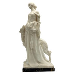 Early 20th-Century Alabaster Sculpture: Lady with Borzoi