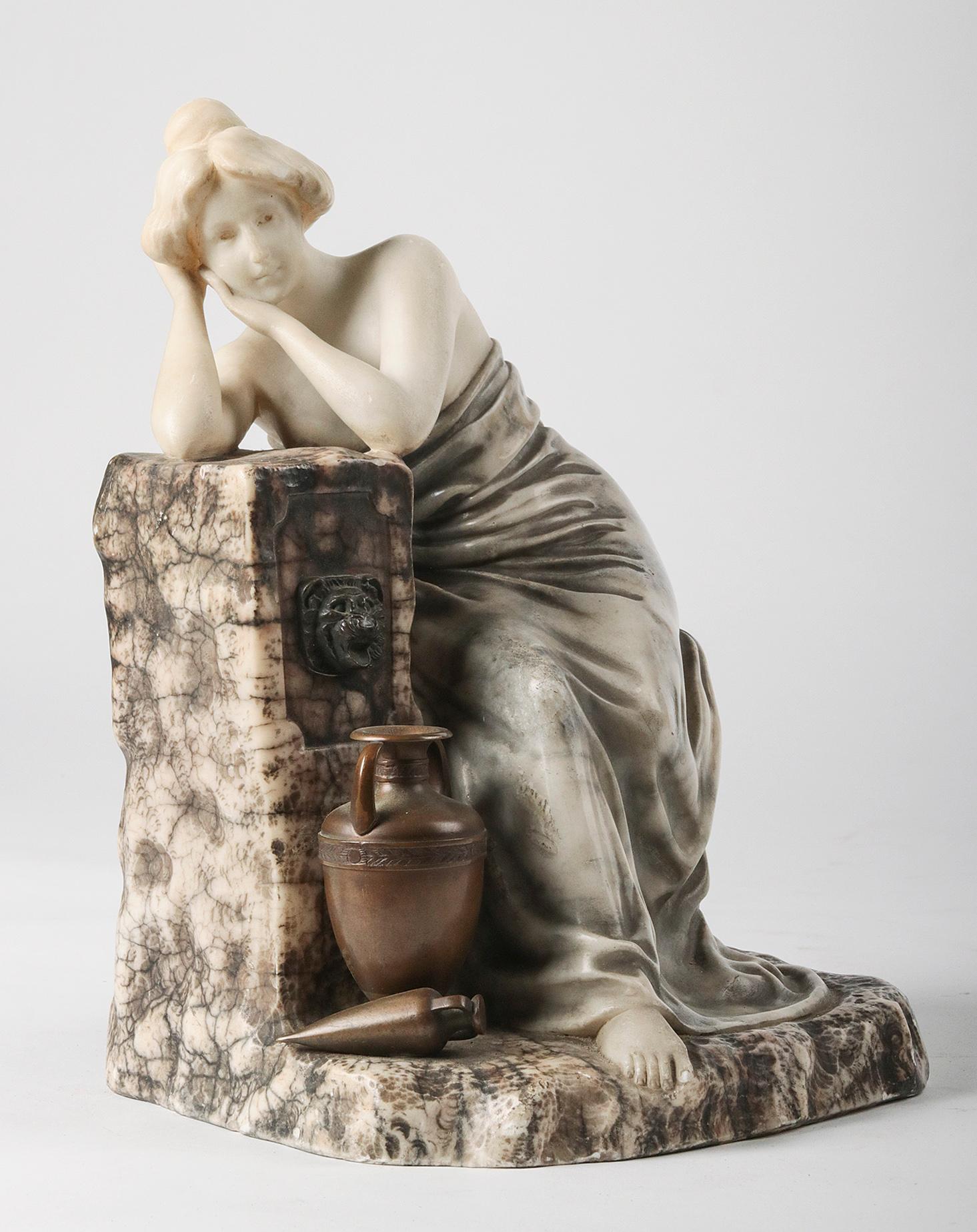 Multiple colored alabaster statue of a lady, sitting on a bench next to a water fountain. The vases are made of bronze. It is hand-sculpted from alabaster marble. The statue is signed: Brovoni
Made in Italy, 1900-1910. Dimensions: 32 x 22 x 21 cm