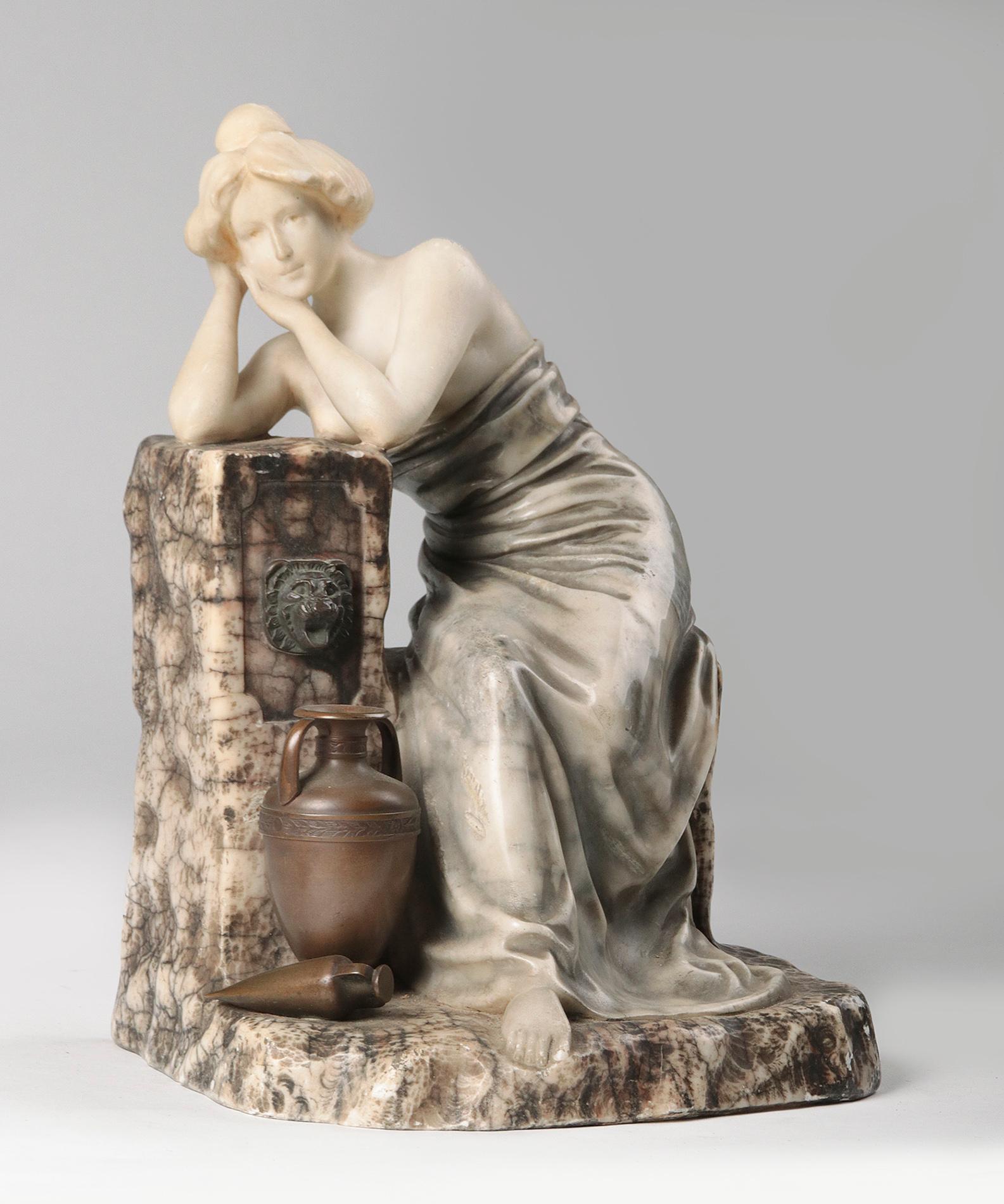 Italian Early 20th Century Alabaster Statue of a Sitting Lady, Brovani, Italy