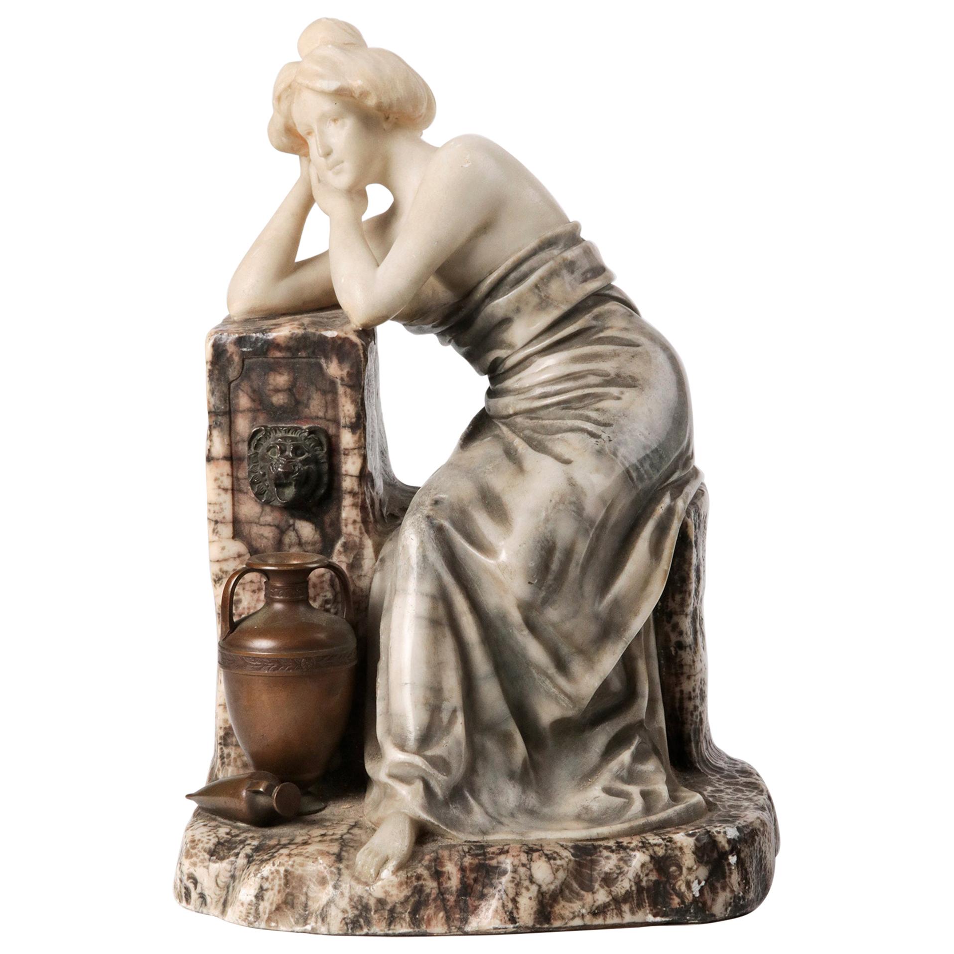 Early 20th Century Alabaster Statue of a Sitting Lady, Brovani, Italy