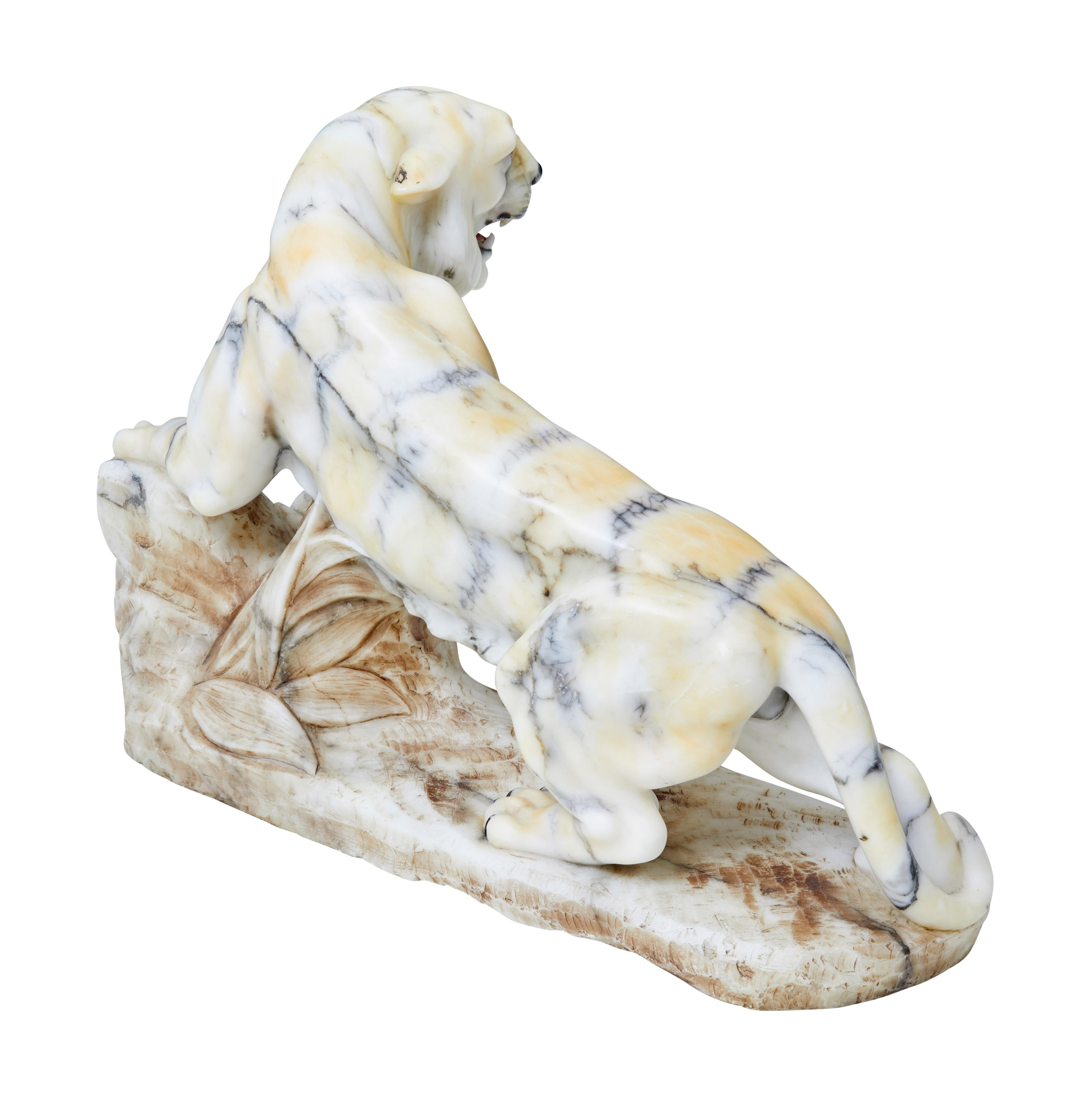 English Early 20th Century Alabaster Tiger Mantle Decoration