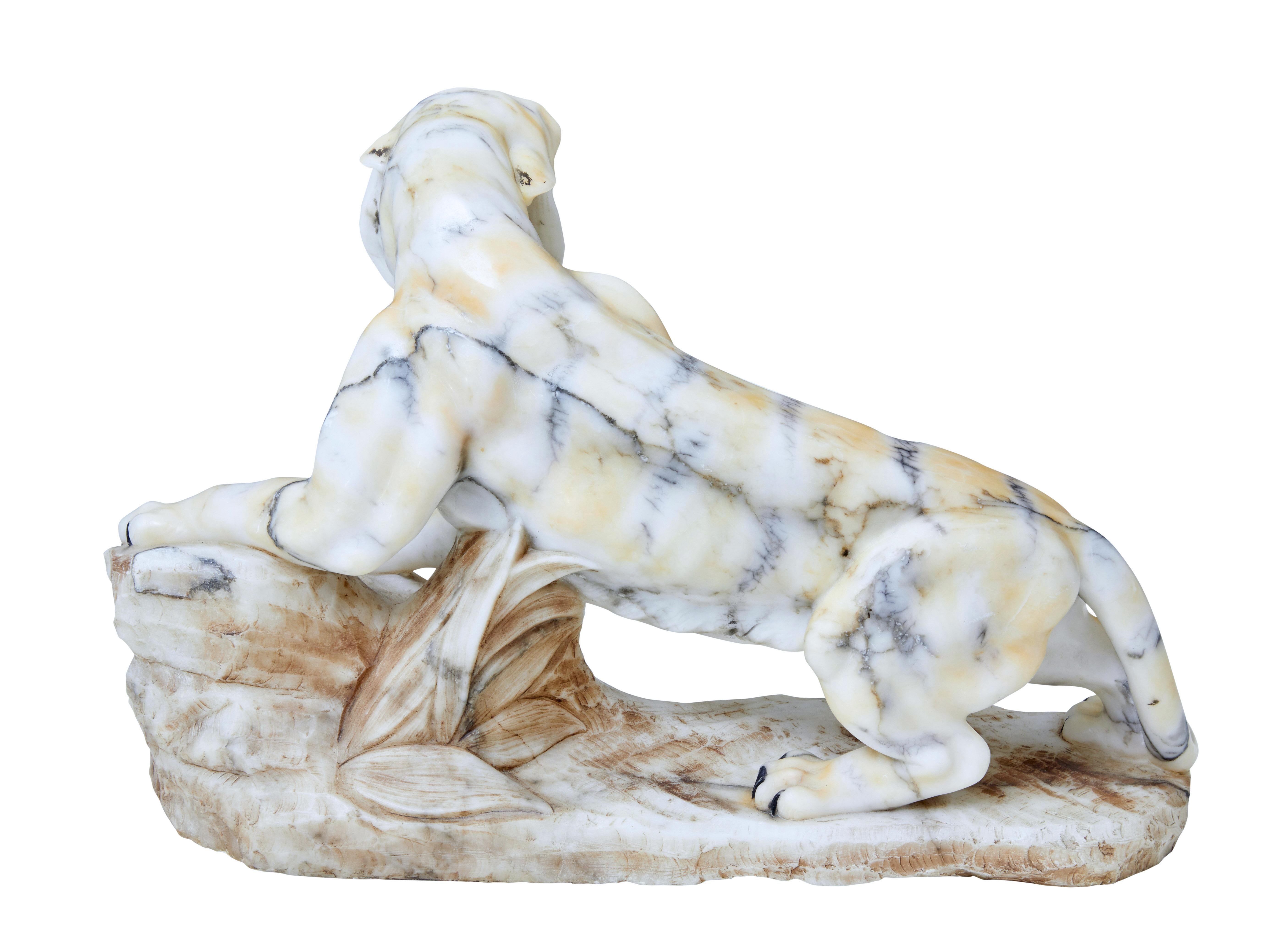 Hand-Carved Early 20th Century Alabaster Tiger Mantle Decoration