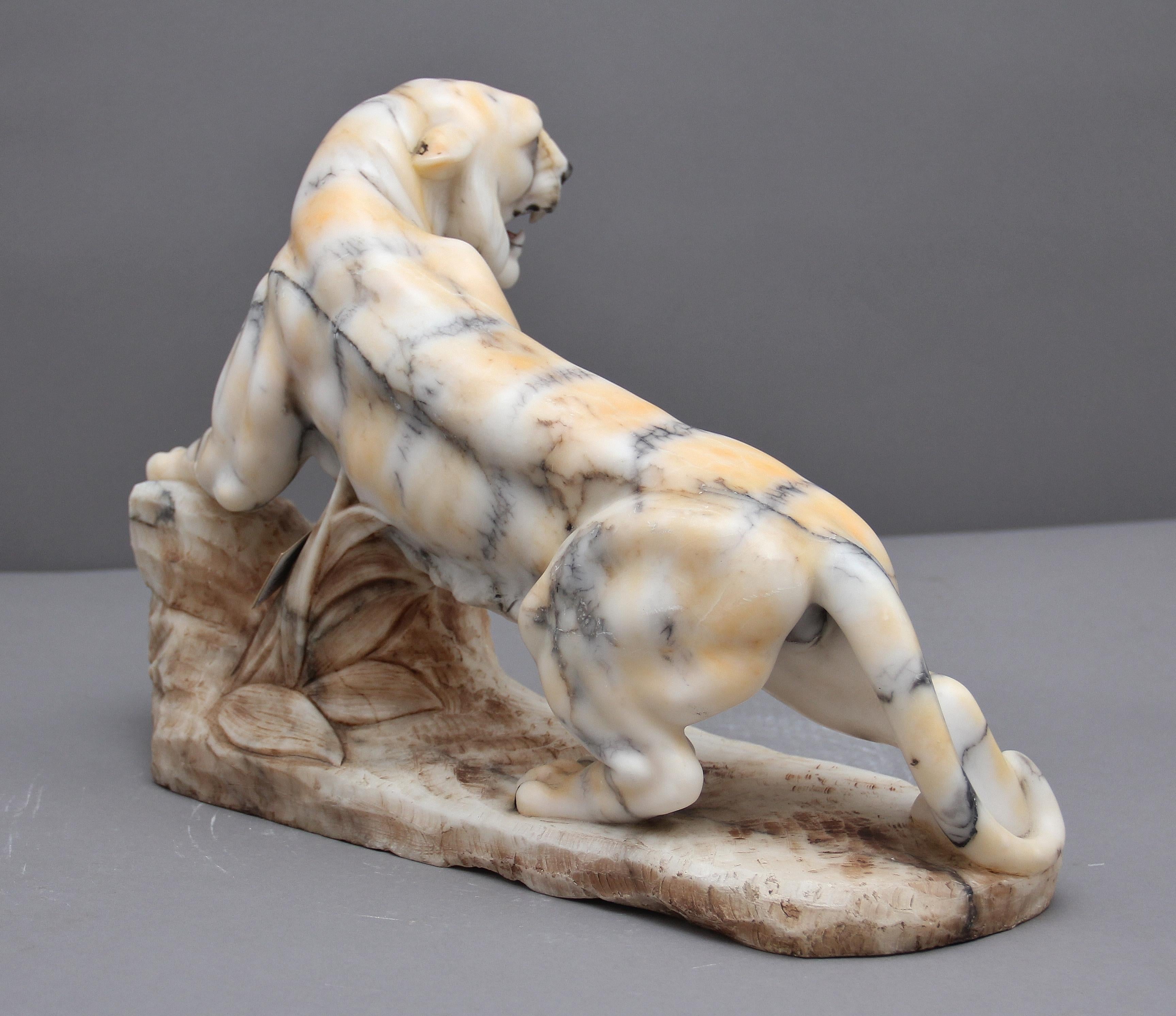 French Early 20th Century Alabaster Tiger Sculpture
