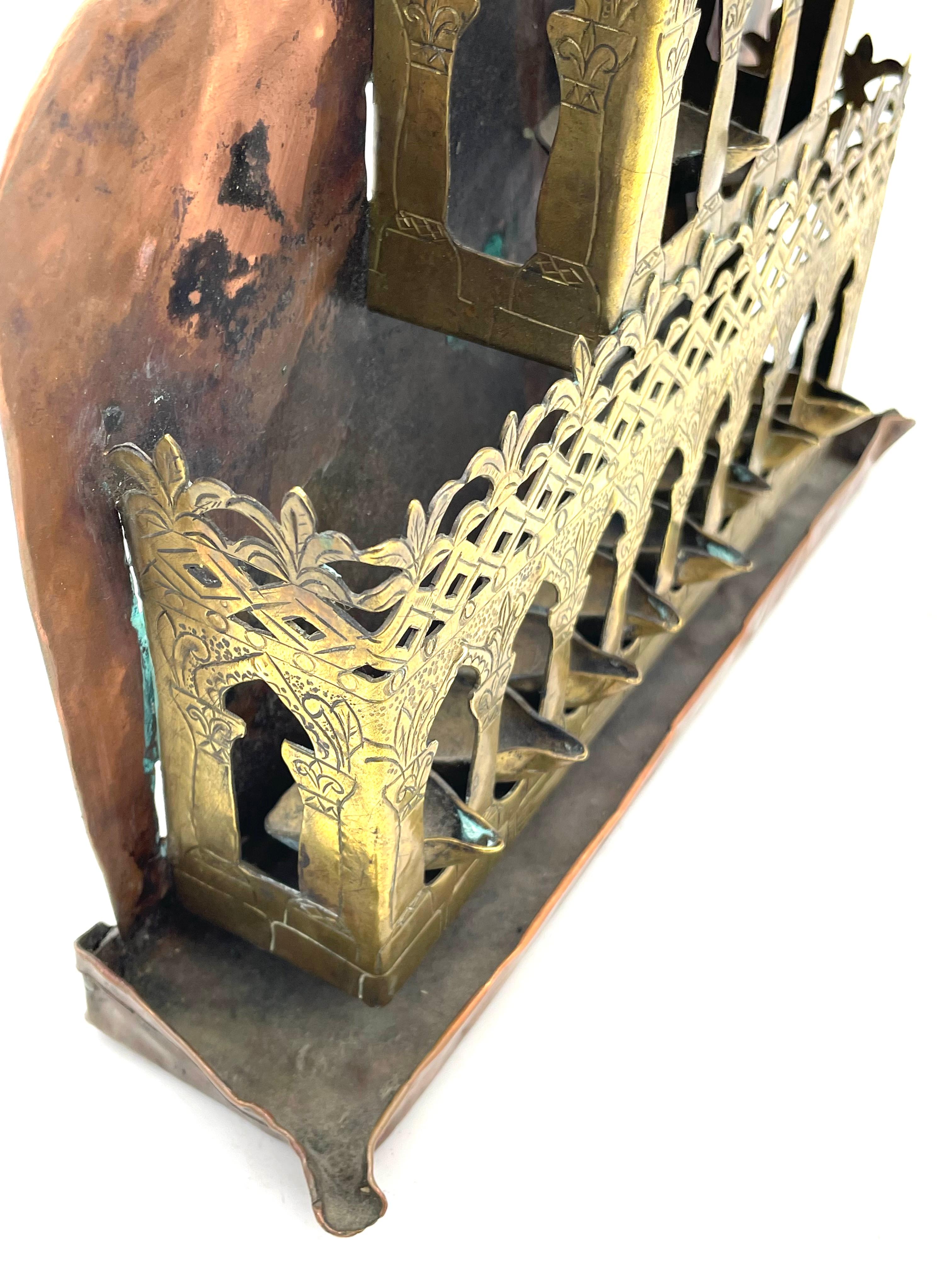 Mid-20th Century Early 20th Century Algerian Palace-Shaped Brass Hanukkah Lamp For Sale