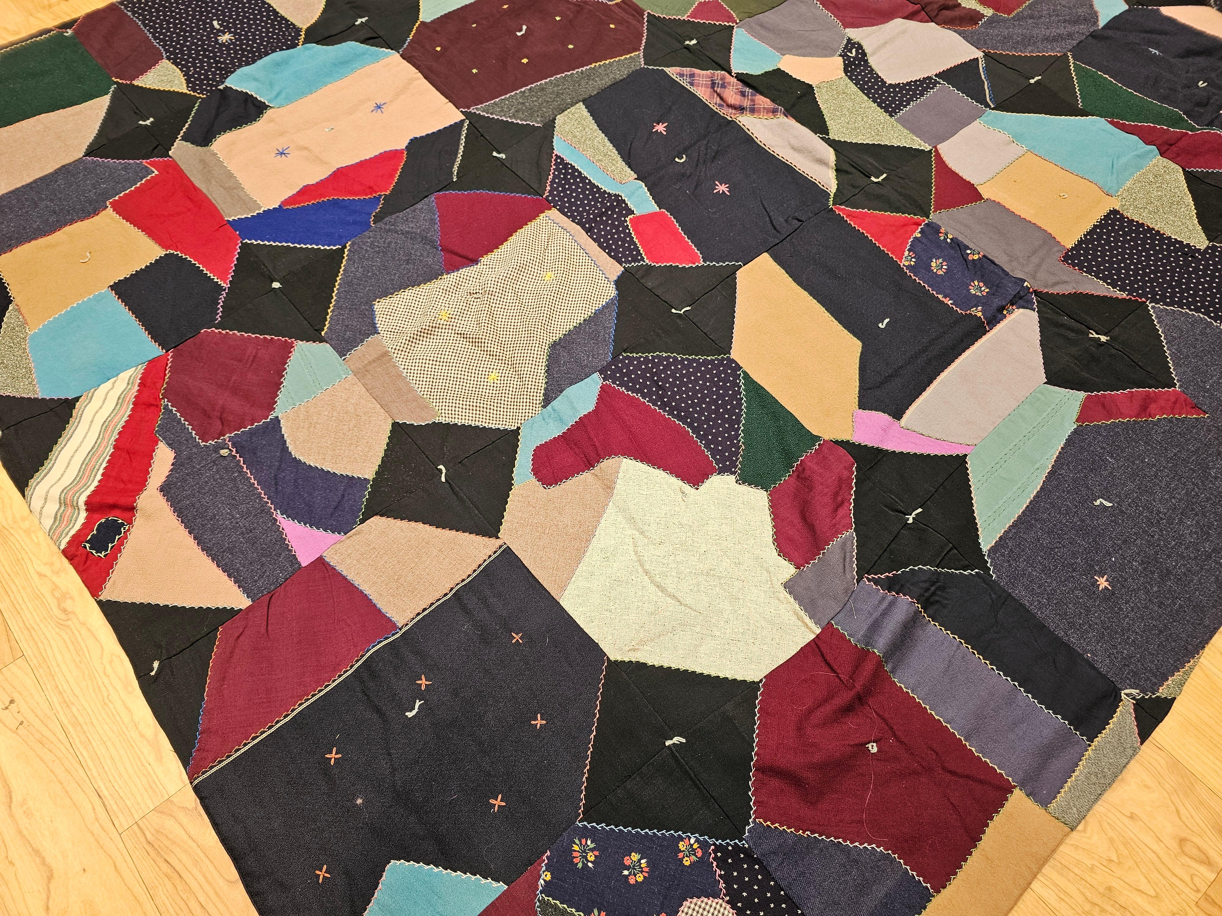 Early 20th Century American Crazy Quilt in Turquoise, Pink, Yellow, Navy, Green For Sale 5