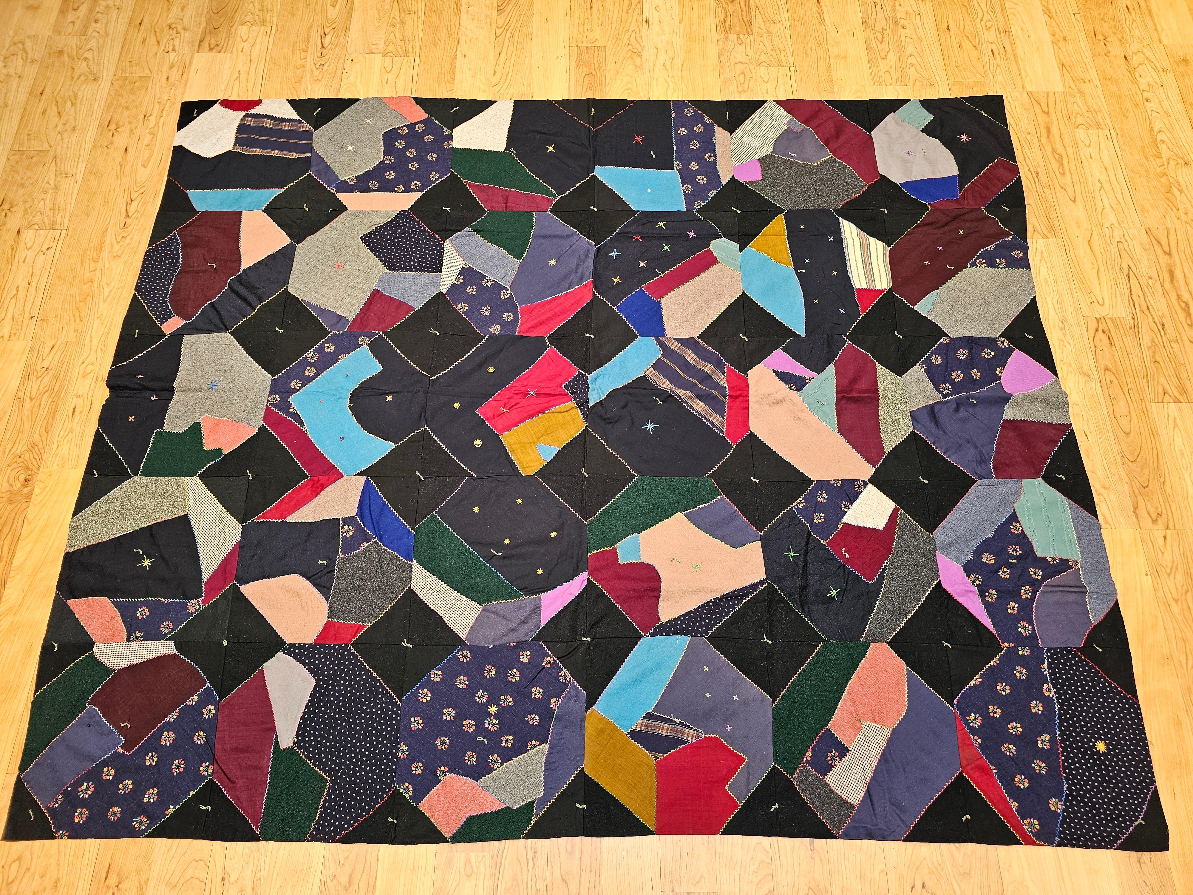 Early 20th Century American Crazy Quilt in Turquoise, Pink, Yellow, Navy, Green For Sale 5
