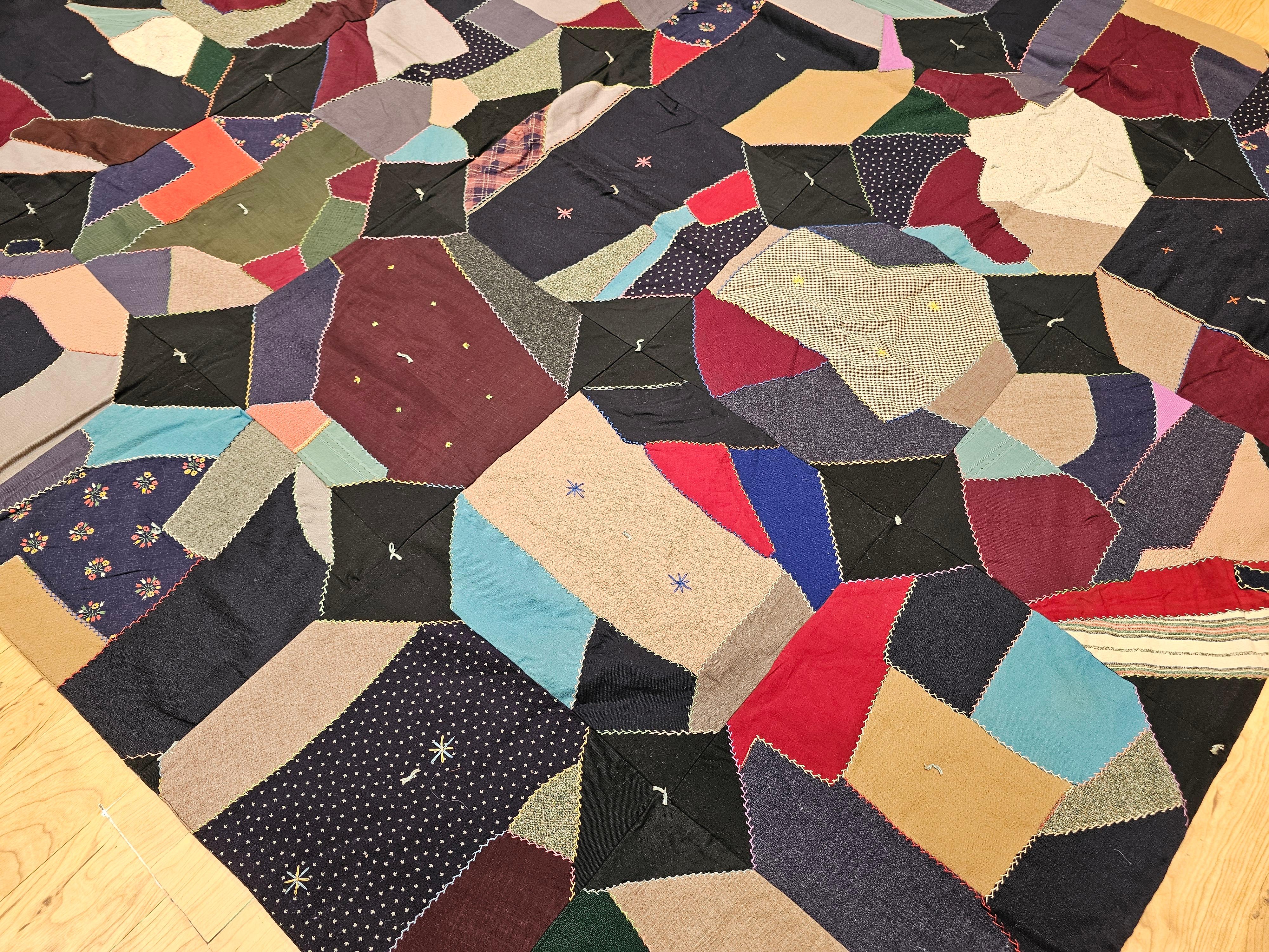 Early 20th Century American Crazy Quilt in Turquoise, Pink, Yellow, Navy, Green For Sale 6