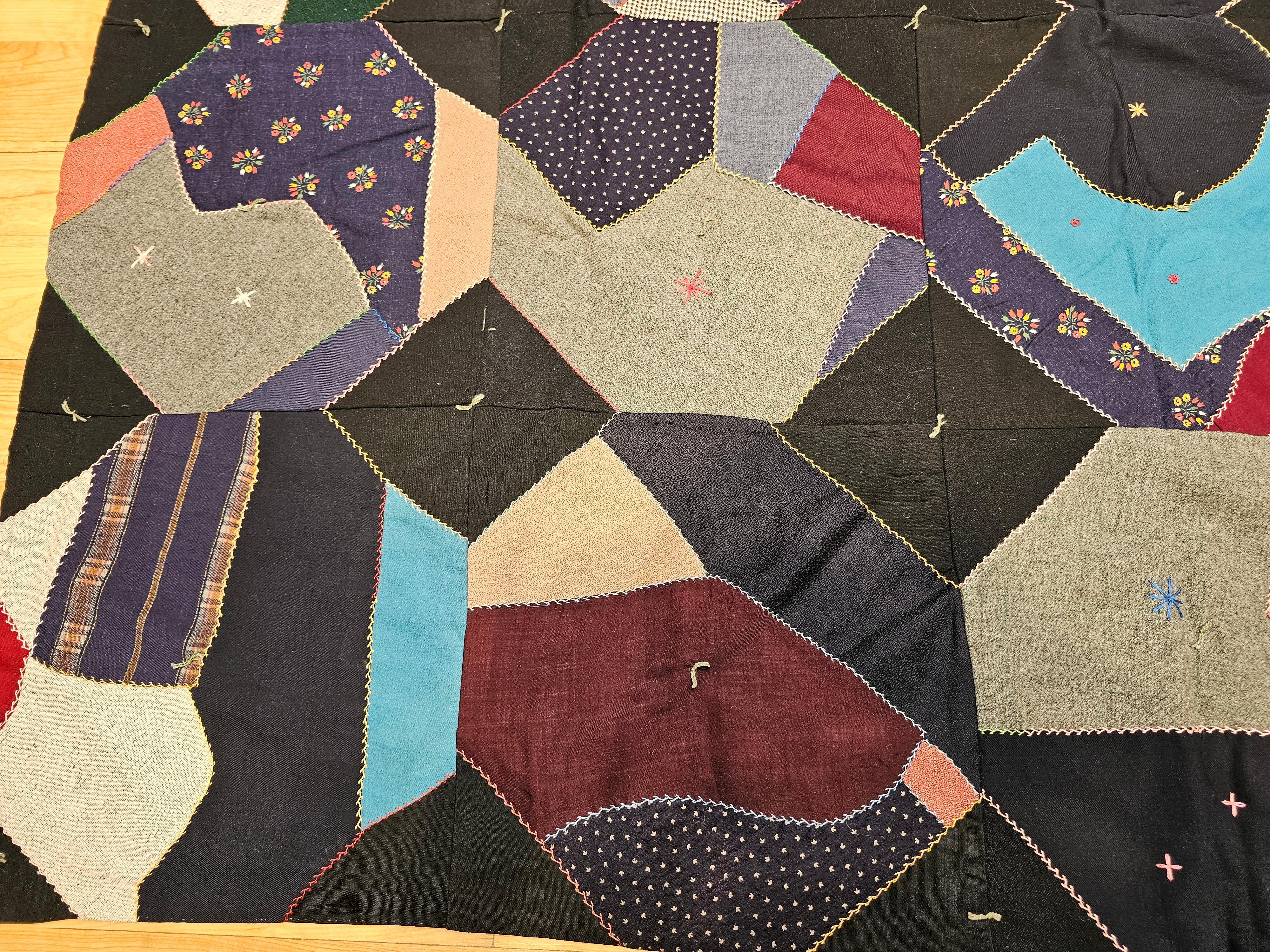 Early 20th Century American Crazy Quilt in Turquoise, Pink, Yellow, Navy, Green For Sale 6