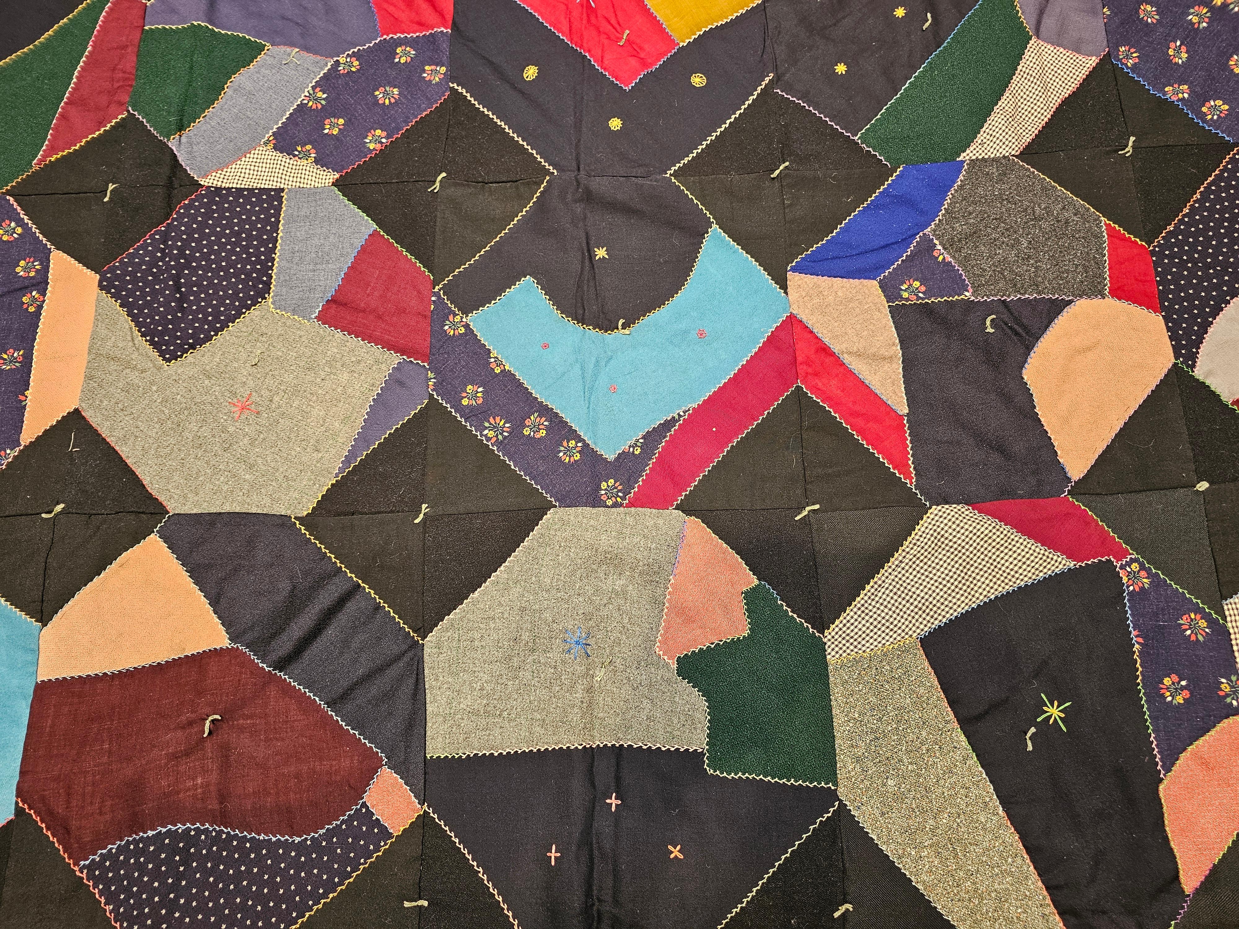 Early 20th Century American Crazy Quilt in Turquoise, Pink, Yellow, Navy, Green For Sale 7
