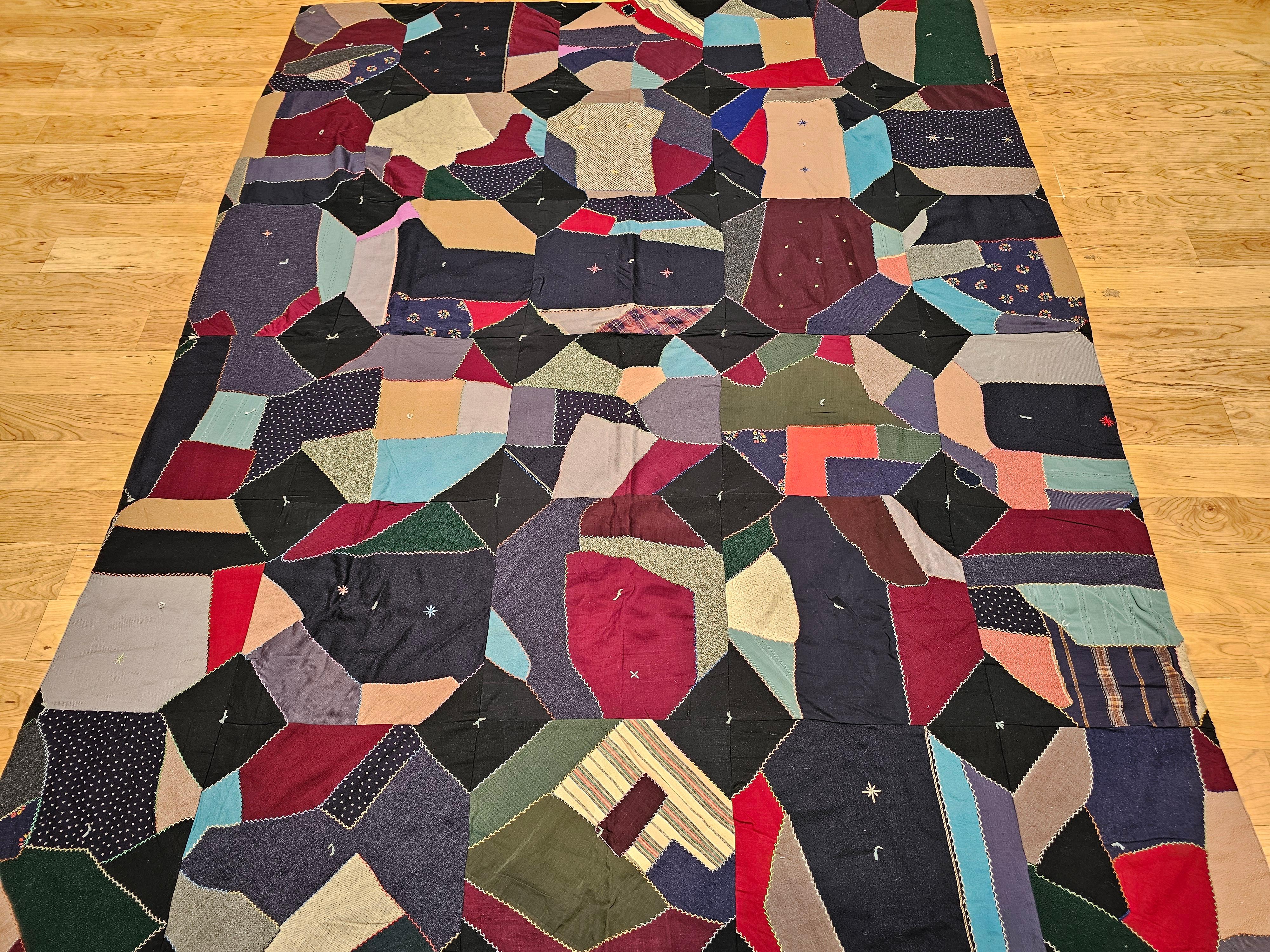 Early 20th Century American Crazy Quilt in Turquoise, Pink, Yellow, Navy, Green For Sale 8
