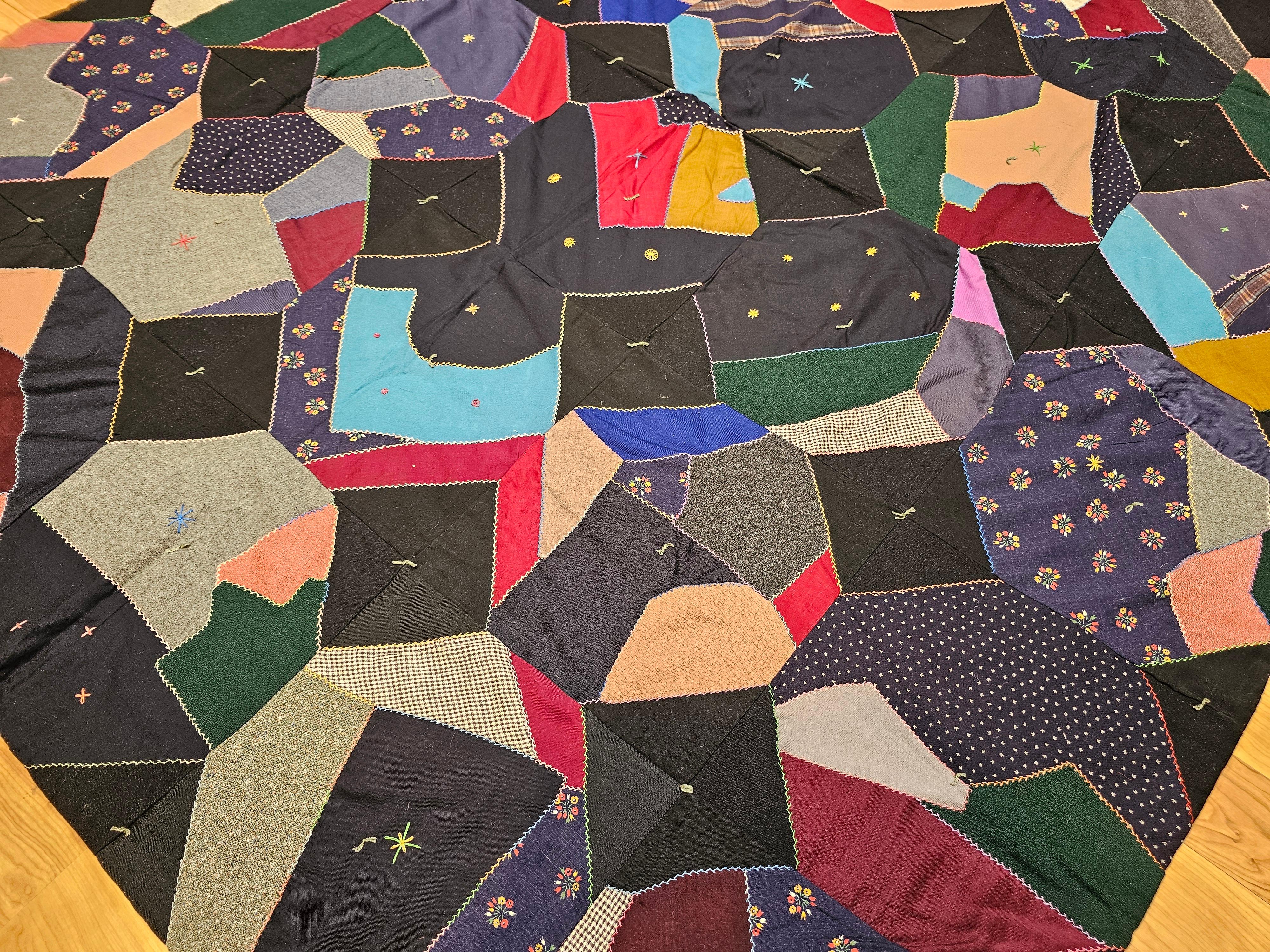 Early 20th Century American Crazy Quilt in Turquoise, Pink, Yellow, Navy, Green For Sale 8