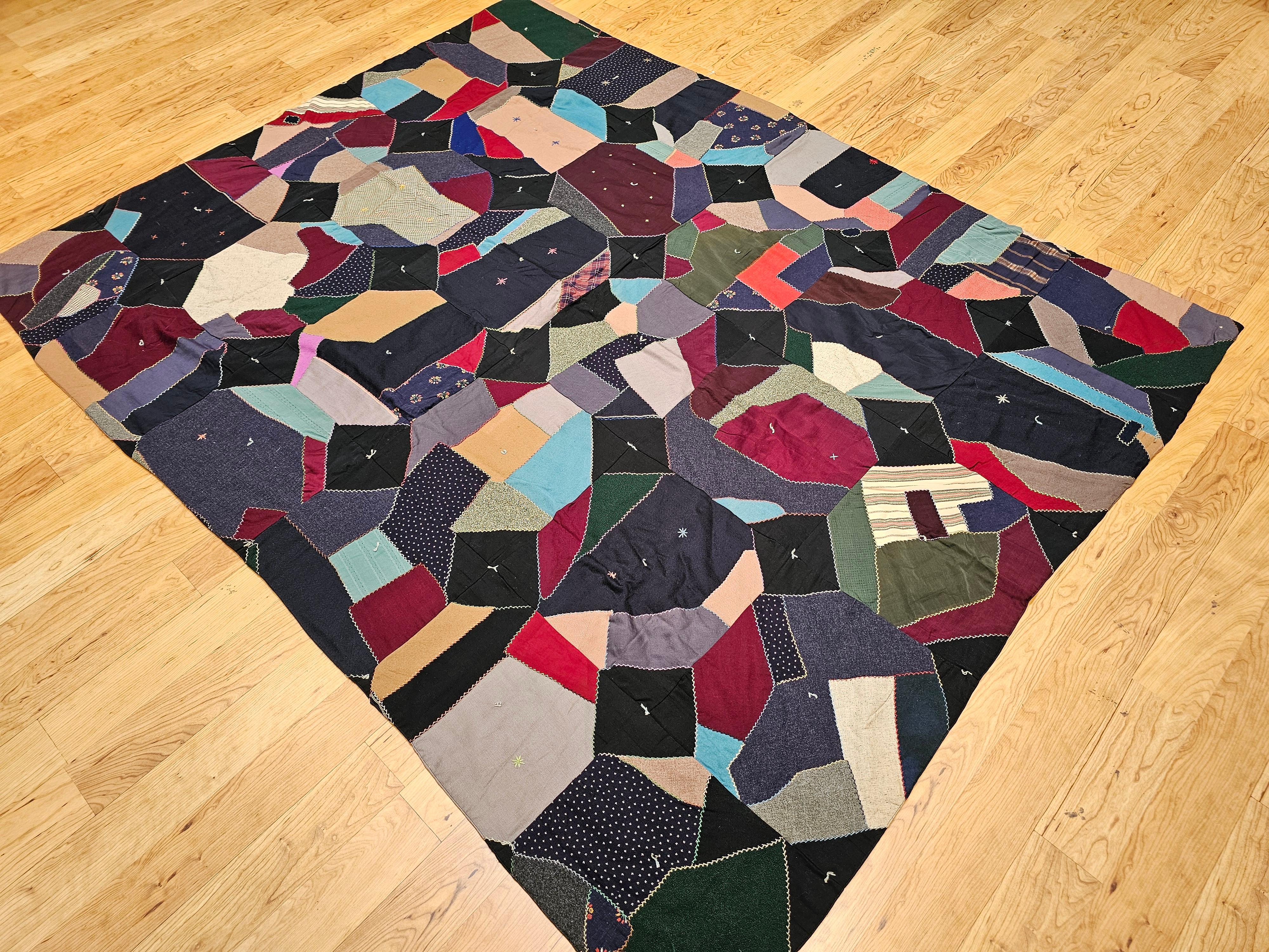 Early 20th Century American Crazy Quilt in Turquoise, Pink, Yellow, Navy, Green For Sale 9