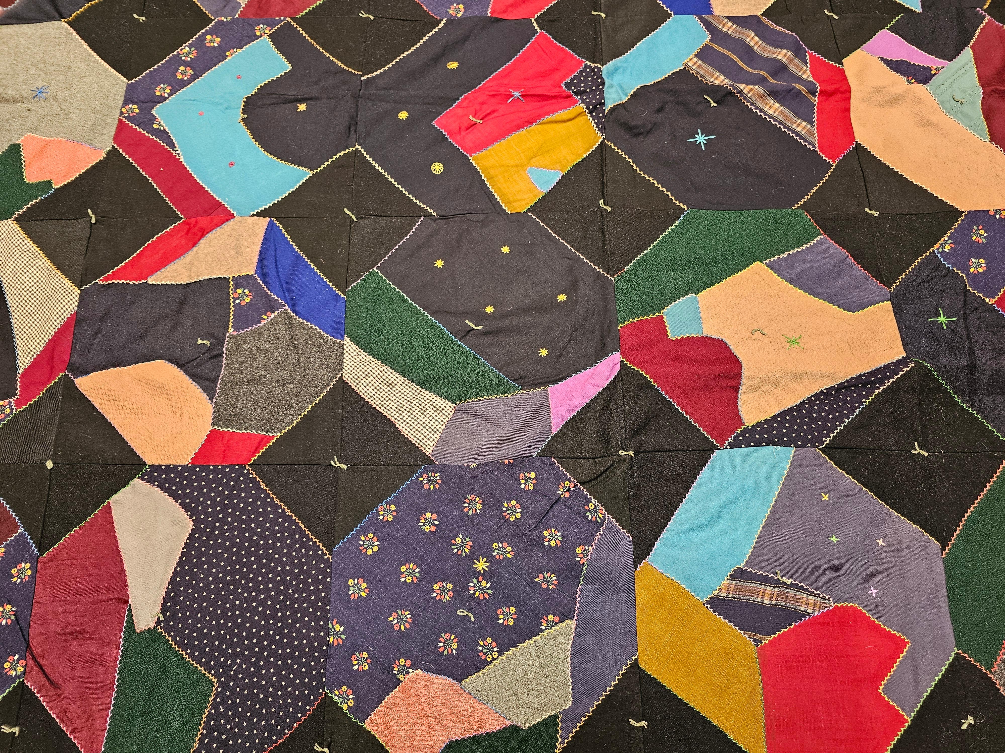 Early 20th Century American Crazy Quilt in Turquoise, Pink, Yellow, Navy, Green For Sale 9
