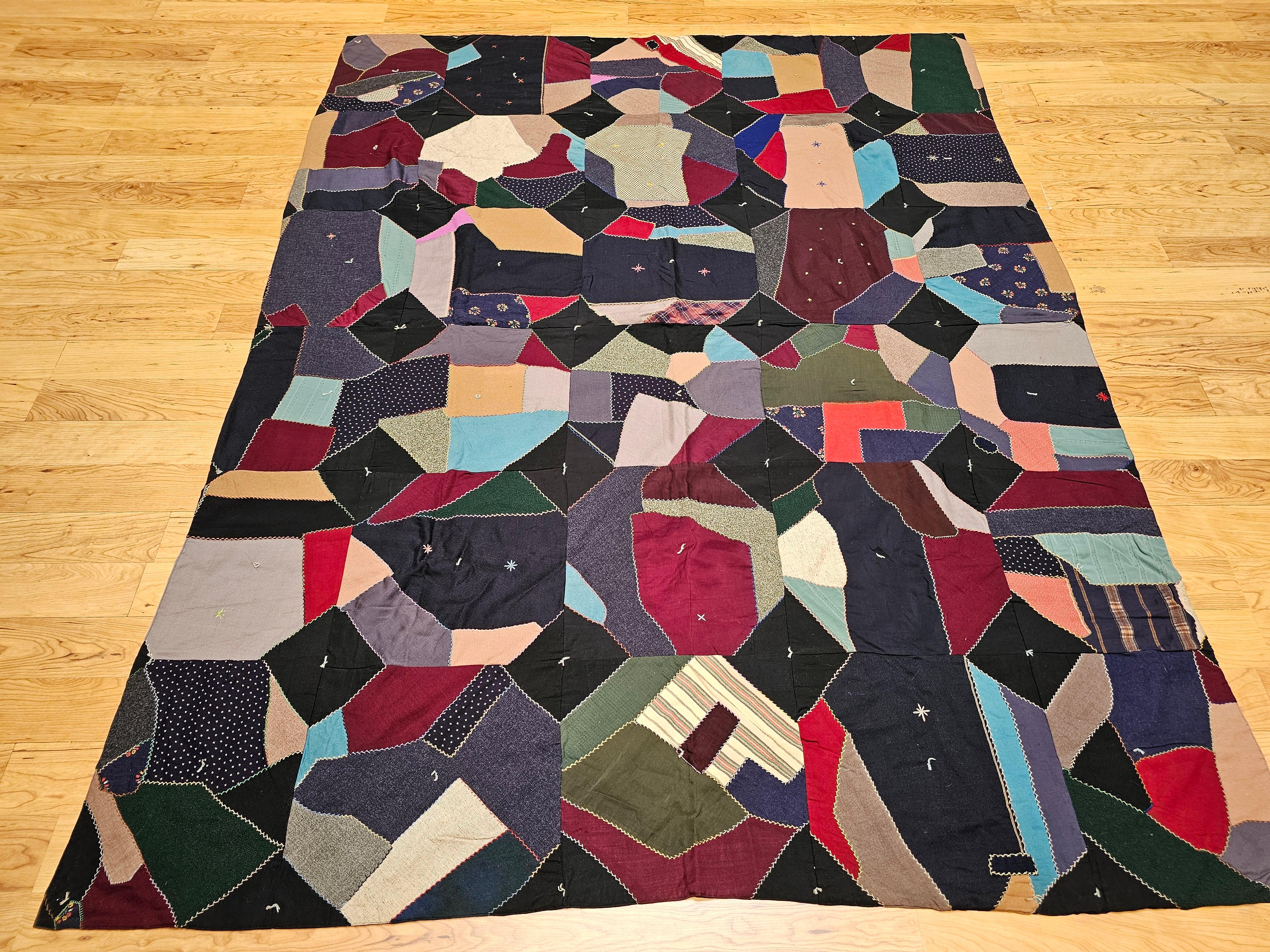 Early 20th Century American Crazy Quilt in Turquoise, Pink, Yellow, Navy, Green For Sale 10