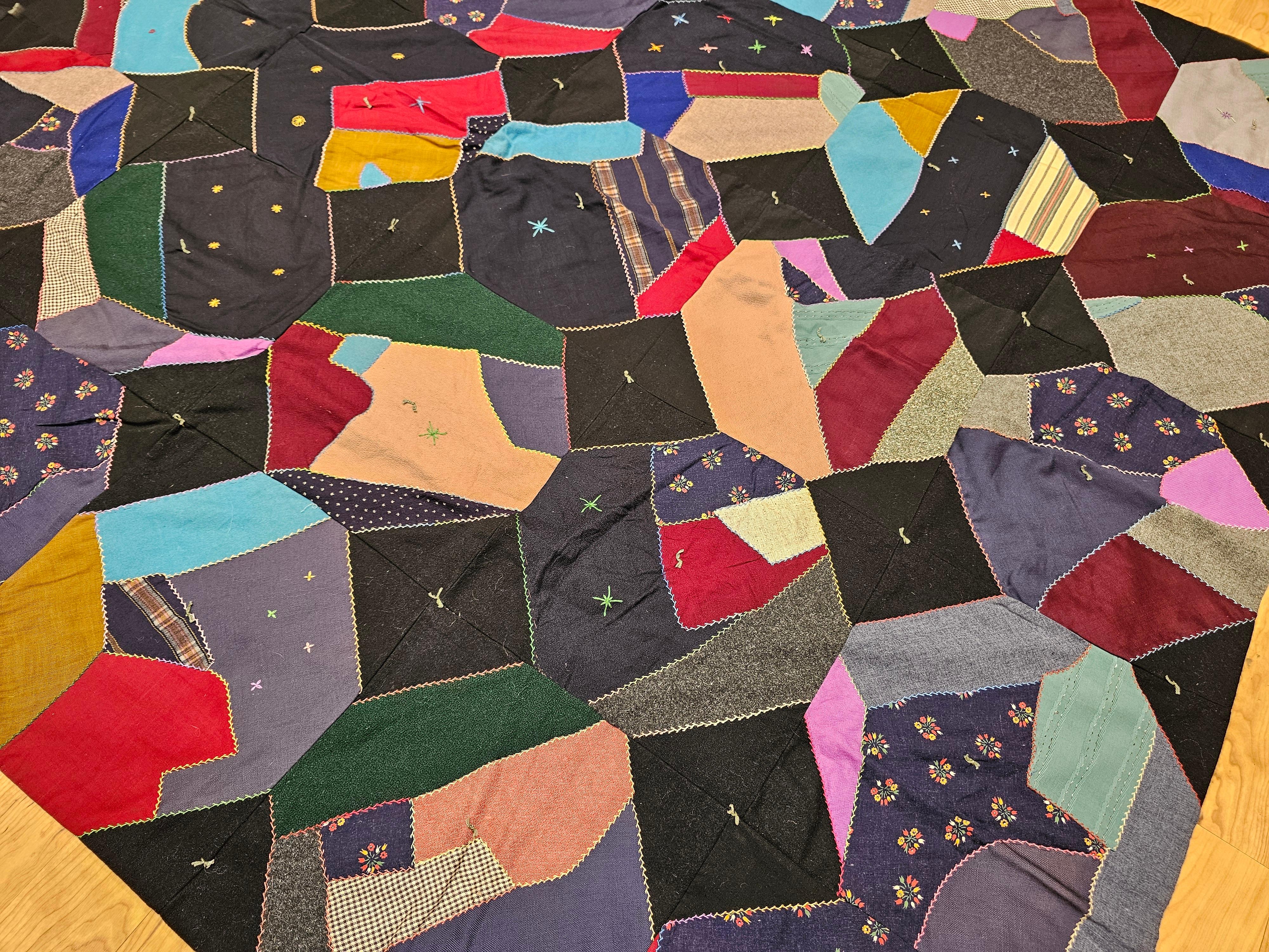 Early 20th Century American Crazy Quilt in Turquoise, Pink, Yellow, Navy, Green For Sale 10