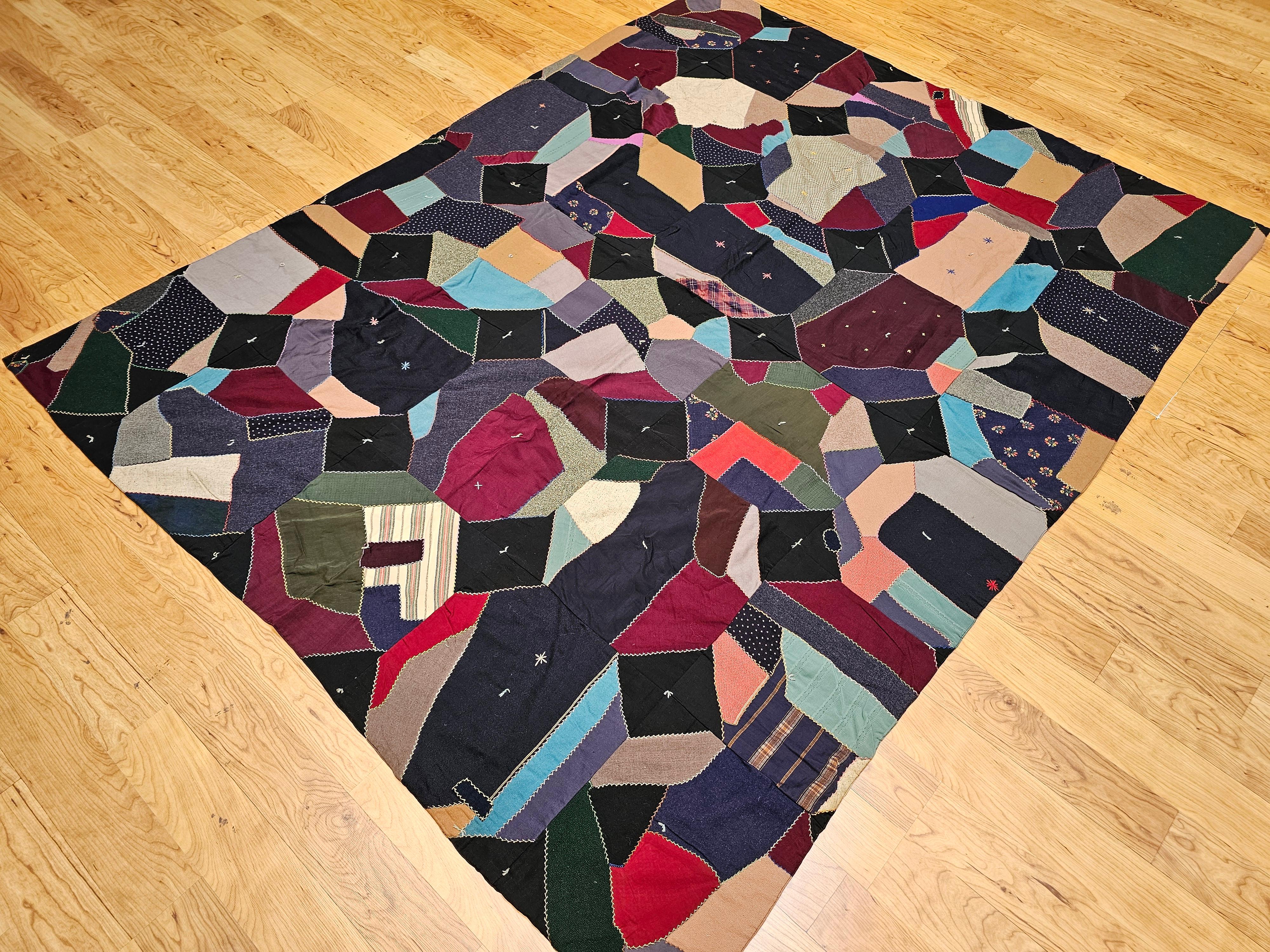 Early 20th Century American Crazy Quilt in Turquoise, Pink, Yellow, Navy, Green For Sale 11