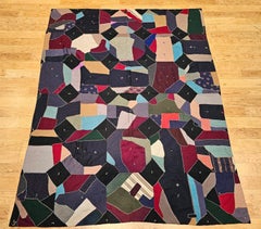 Early 20th Century American Crazy Quilt in Turquoise, Pink, Yellow, Navy, Green